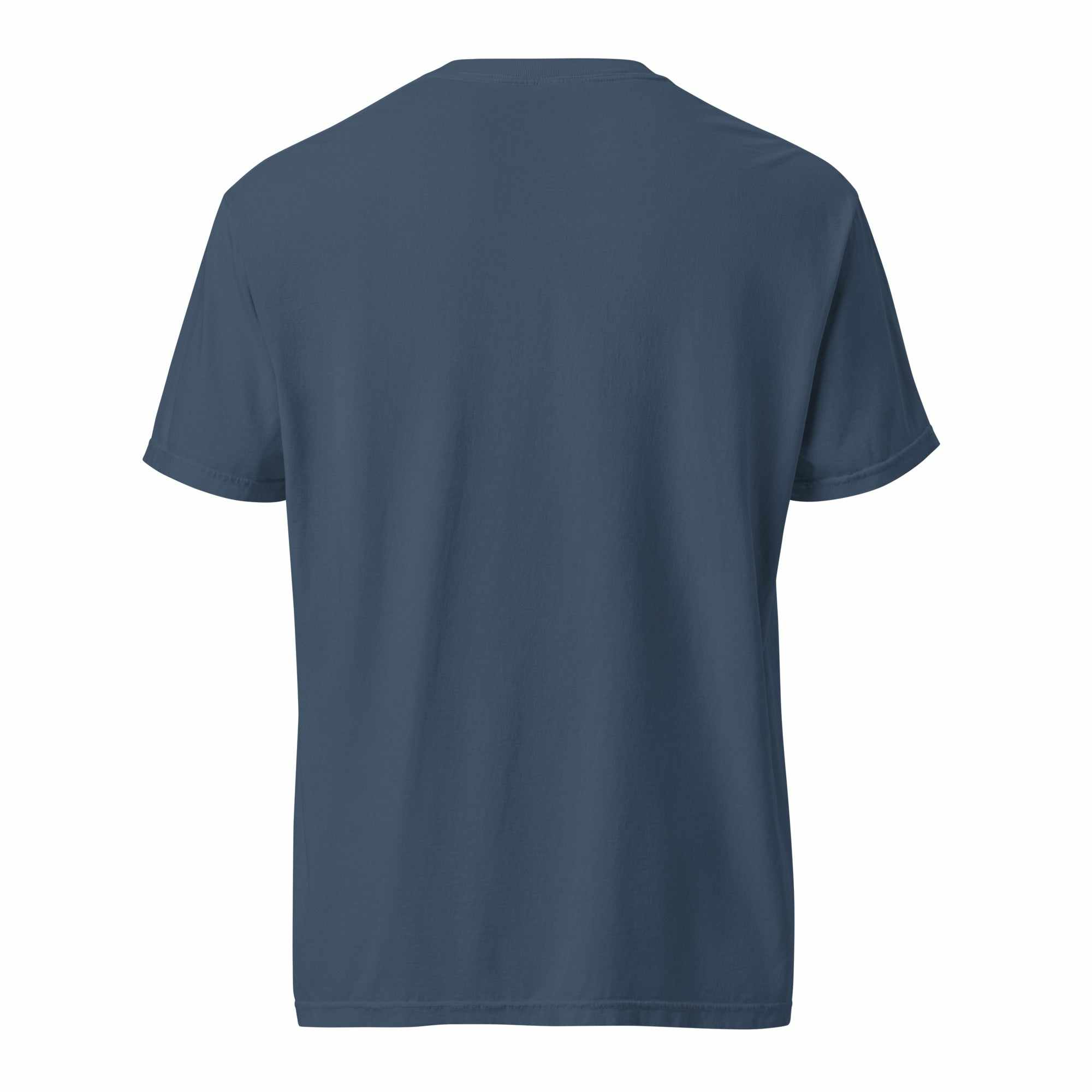 Back view of a plain navy blue unisex heavyweight t-shirt