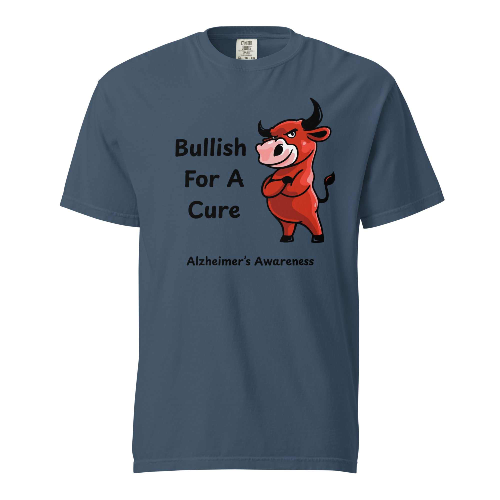 Blue Unisex Heavyweight T-Shirt for Alzheimer's Awareness featuring a red bull graphic and Bullish For A Cure text