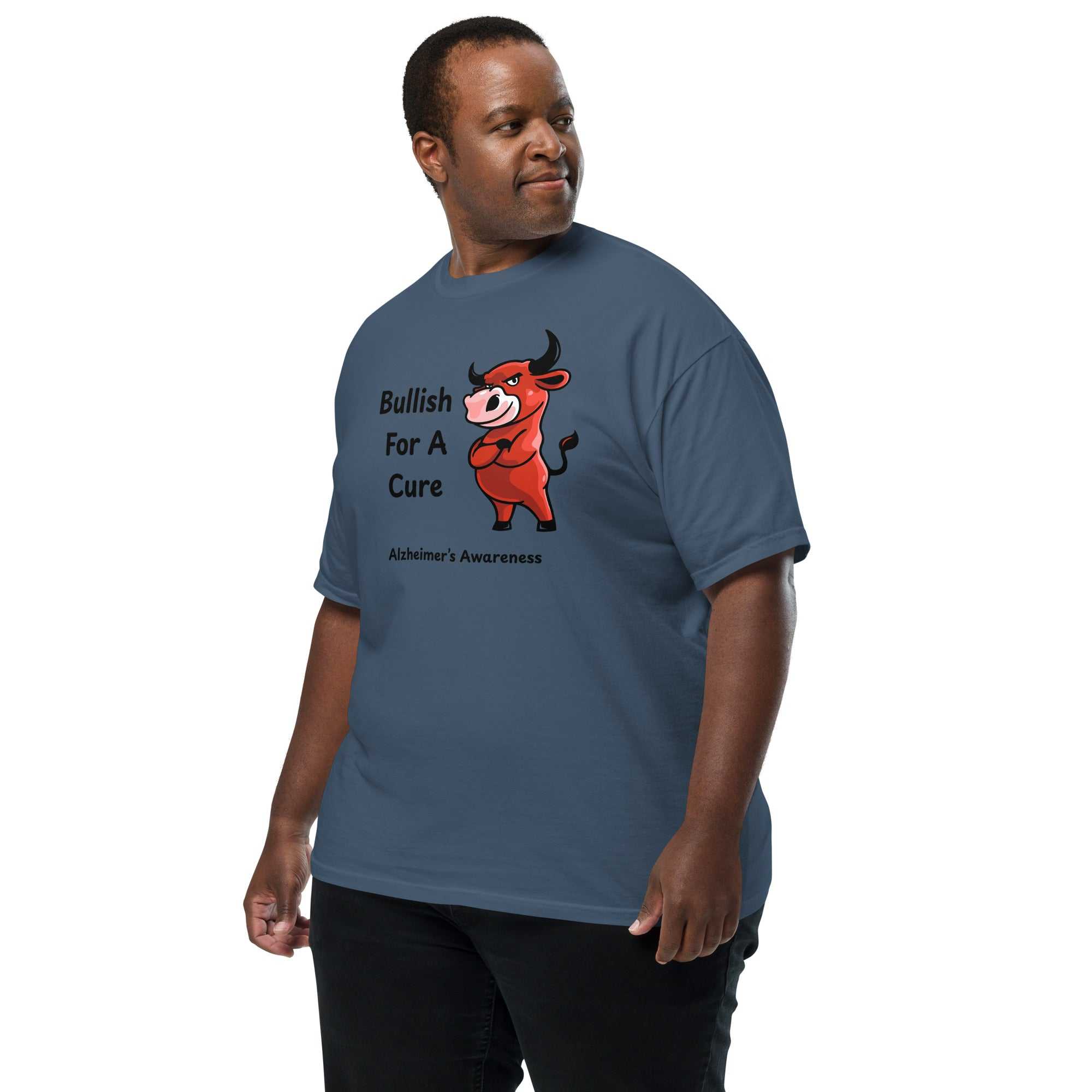 Man wearing a blue Unisex Heavyweight T-Shirt for Alzheimer's Awareness with a red bull graphic