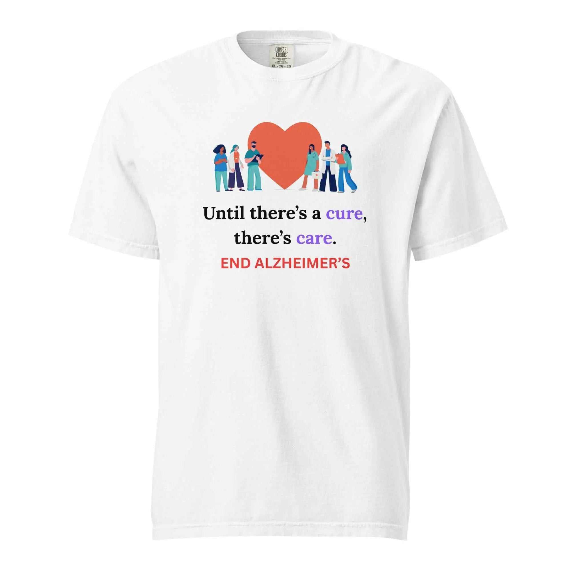 White Until There is a Cure T-shirt with a heart graphic and medical staff illustration