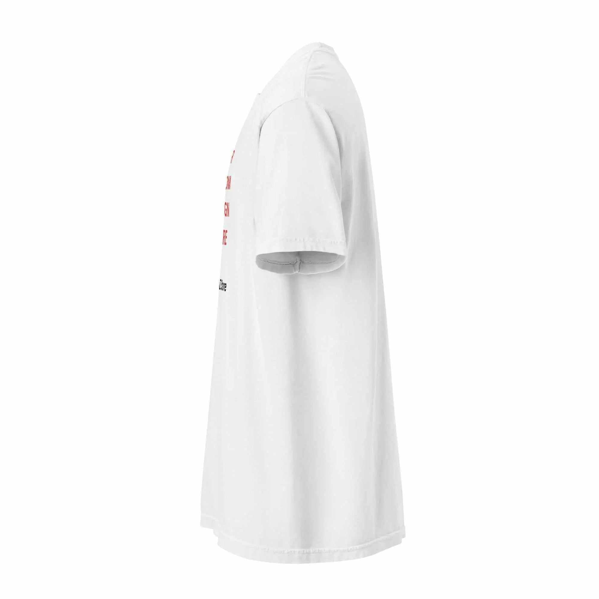 Side view of a white premium custom print on demand t-shirt with red and black text
