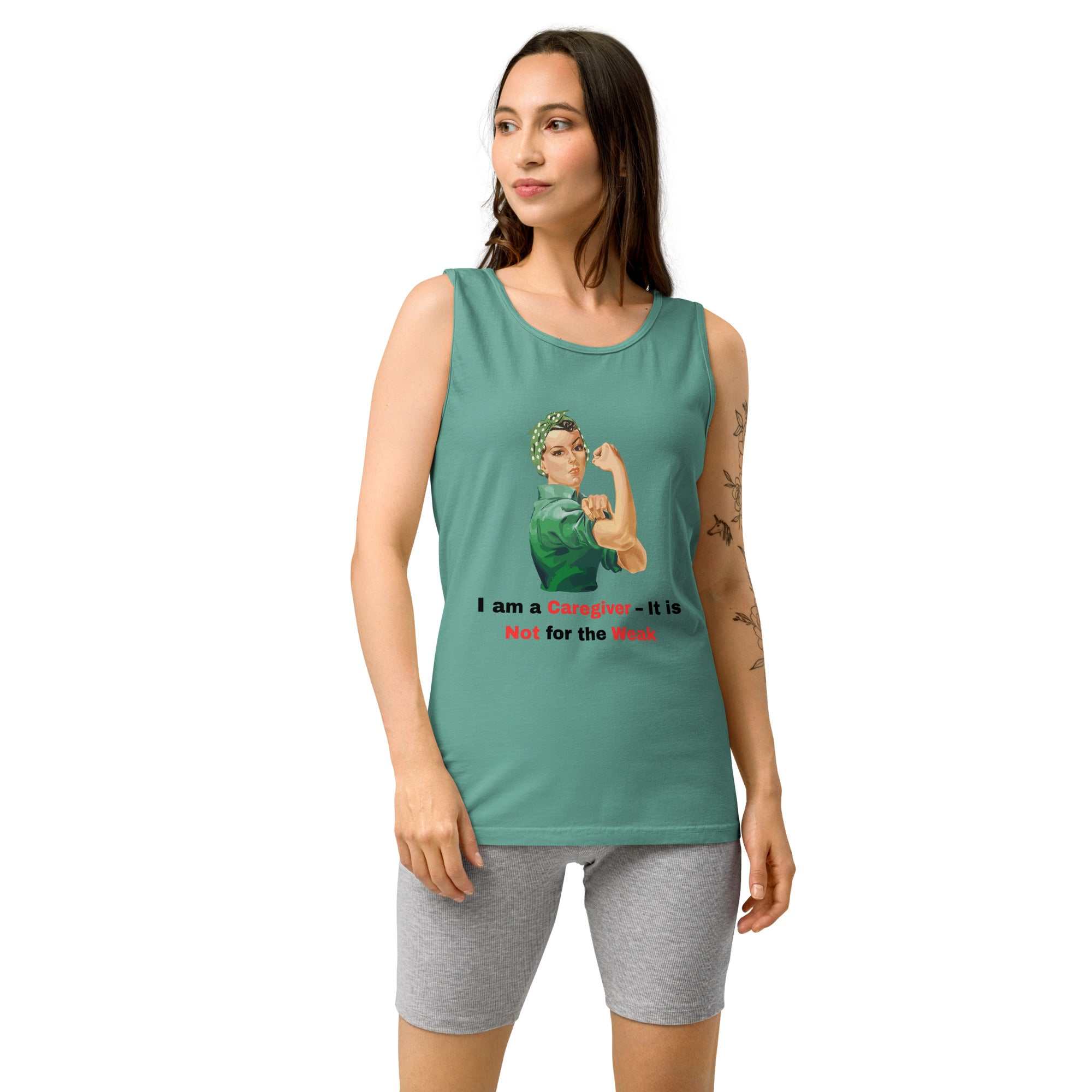 Woman wearing Empowered Comfort Caregiver vintage tank top with Rosie the Riveter graphic