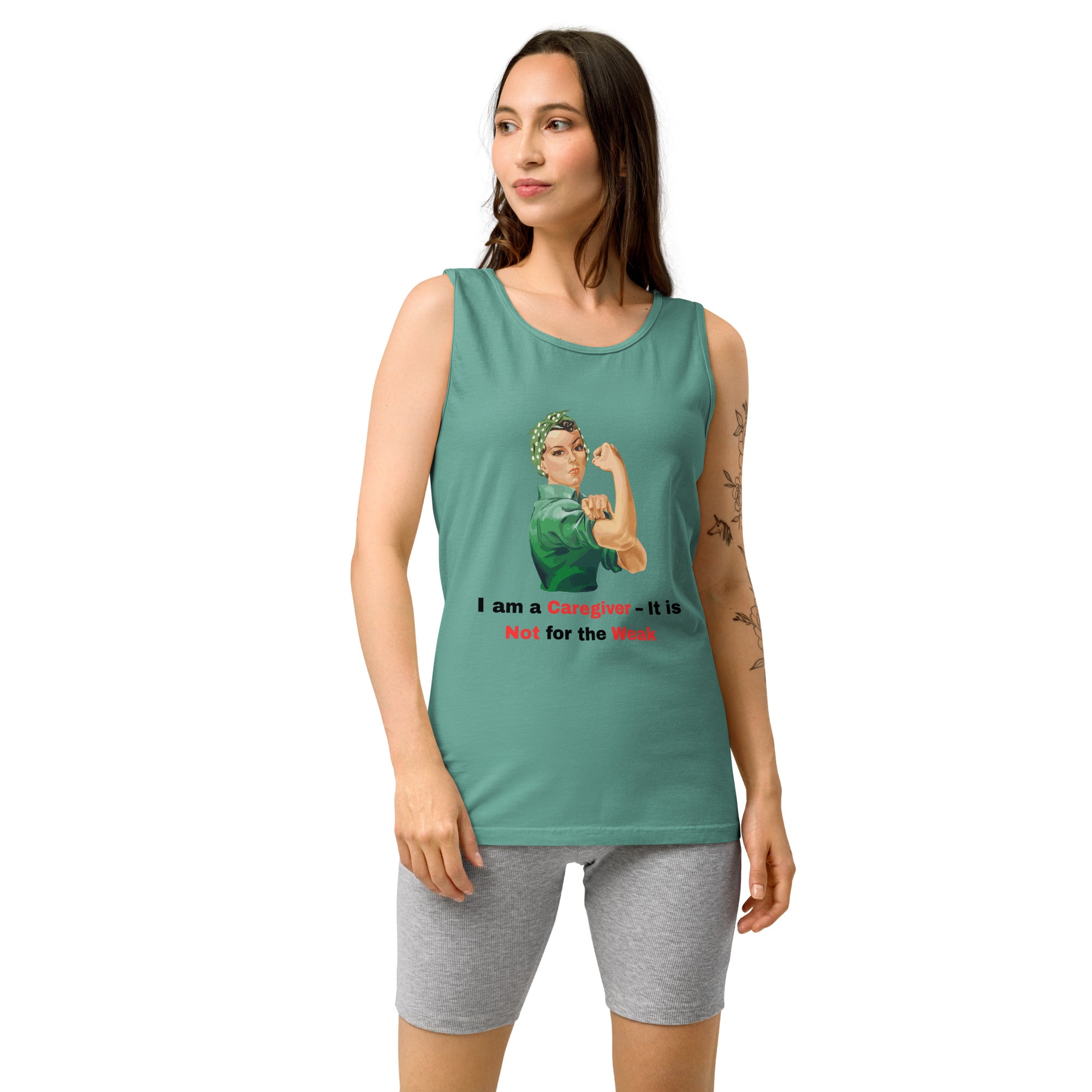 Teal women's tank top with caregiver graphic design, relaxed fit, worn with gray shorts.