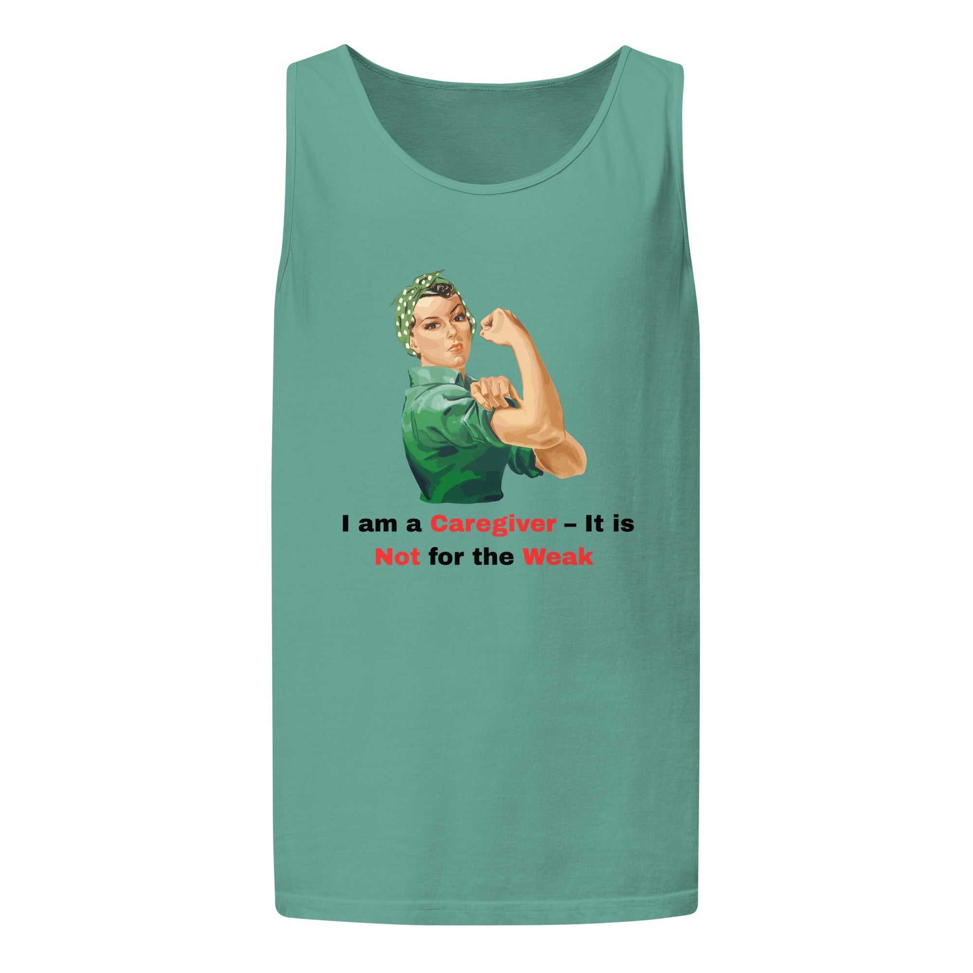 Empowered Comfort Women Caregiver vintage tank top with Rosie the Riveter graphic and text