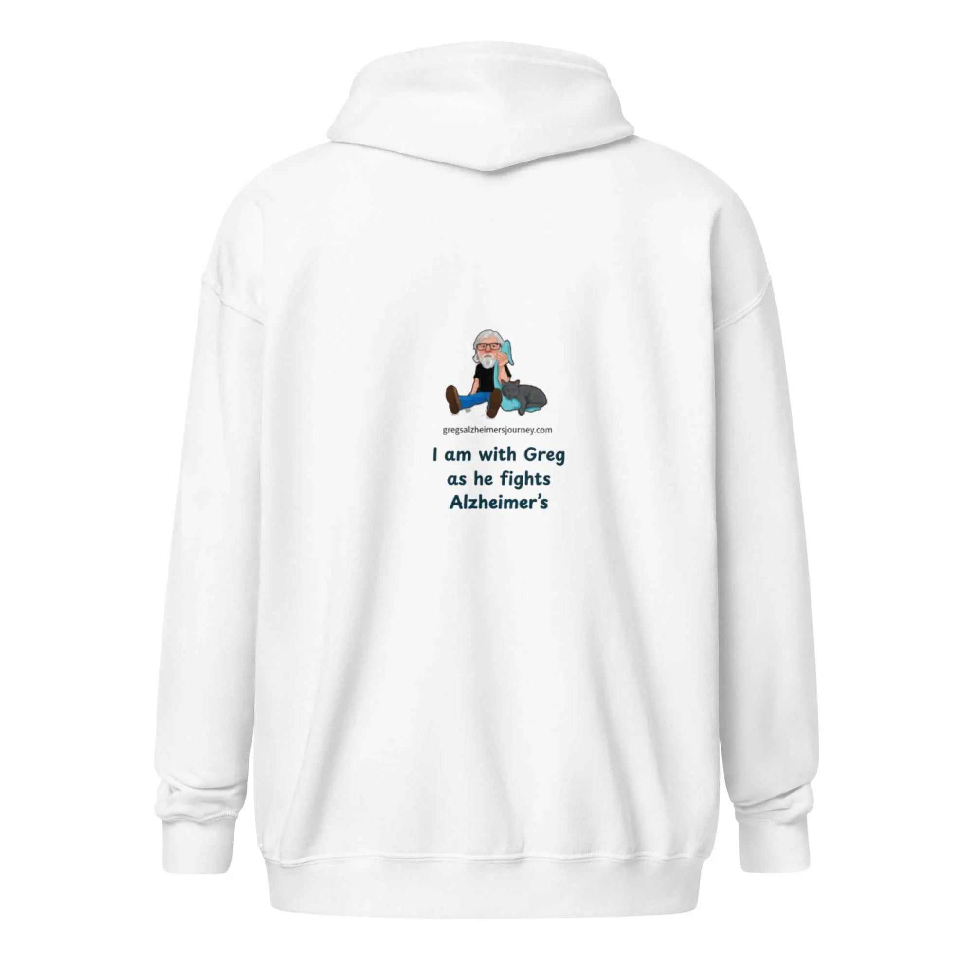 Back view of white unisex heavy blend zip hoodie with Alzheimer awareness graphic and text