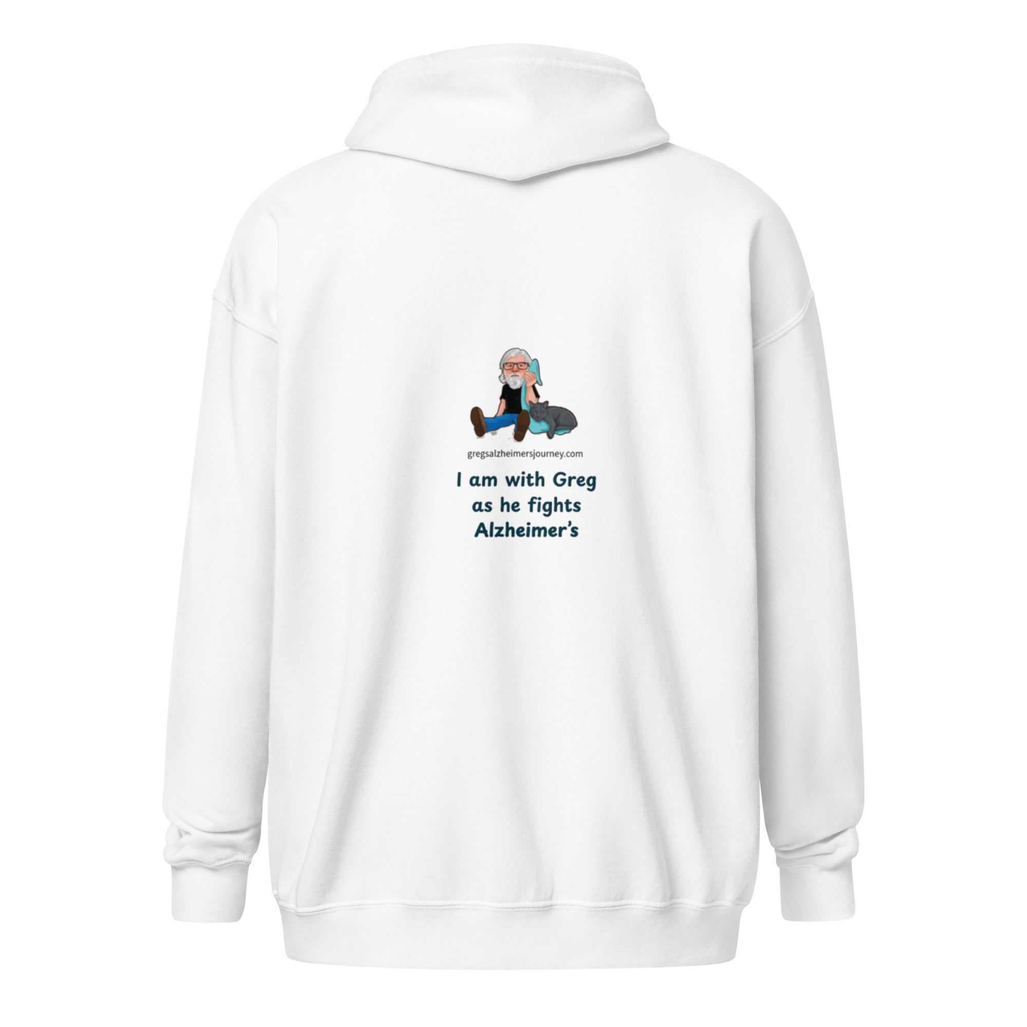Unisex Heavy Blend Zip Hoodie with "I am with Greg" Alzheimer's support print, soft fleece, metal zipper, front pockets, and hood
