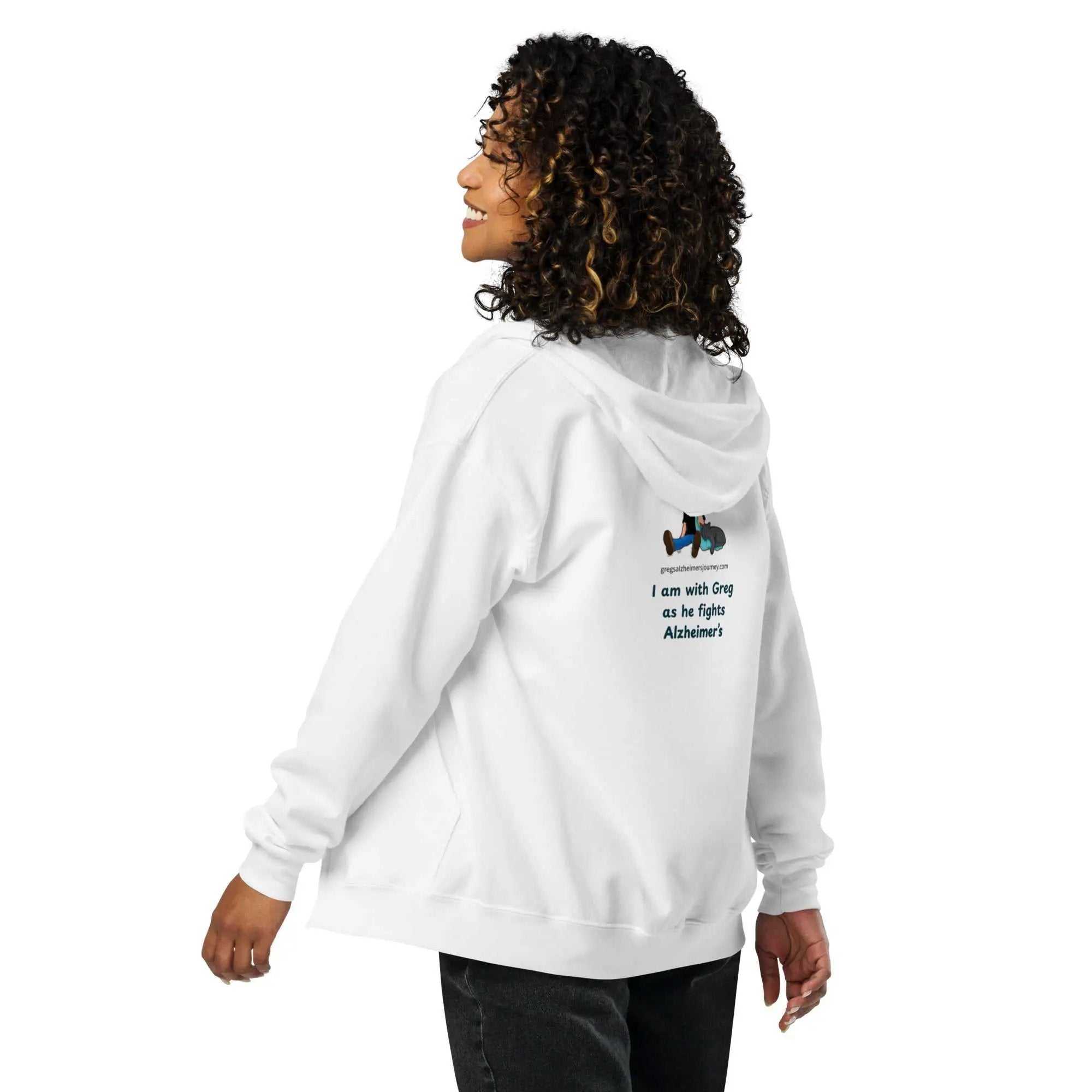 Unisex heavy blend zip hoodie with "I am with Greg" Alzheimer's Awareness message, featuring Greg's AZ Store branding.
