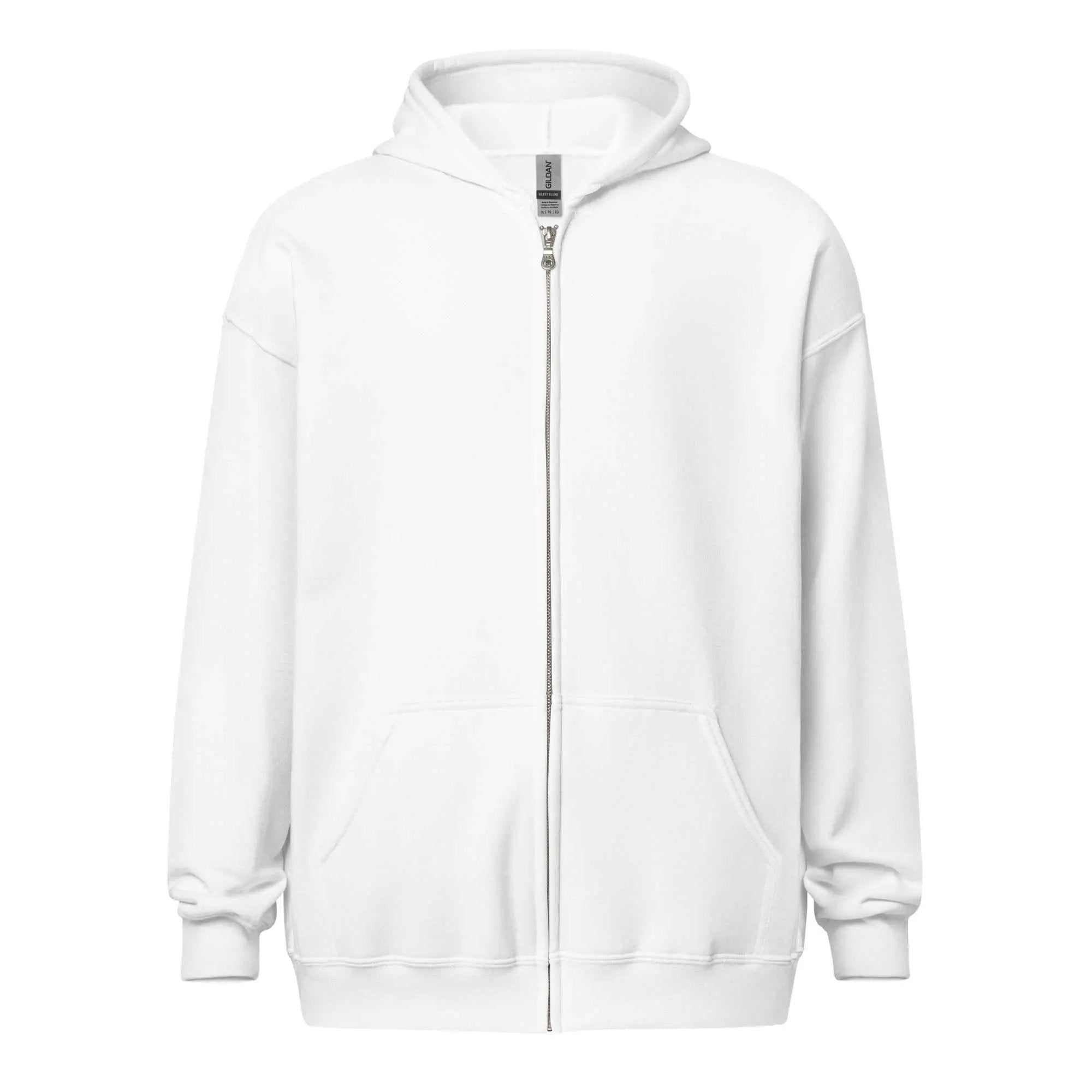 White unisex heavy blend zip hoodie with front pockets
