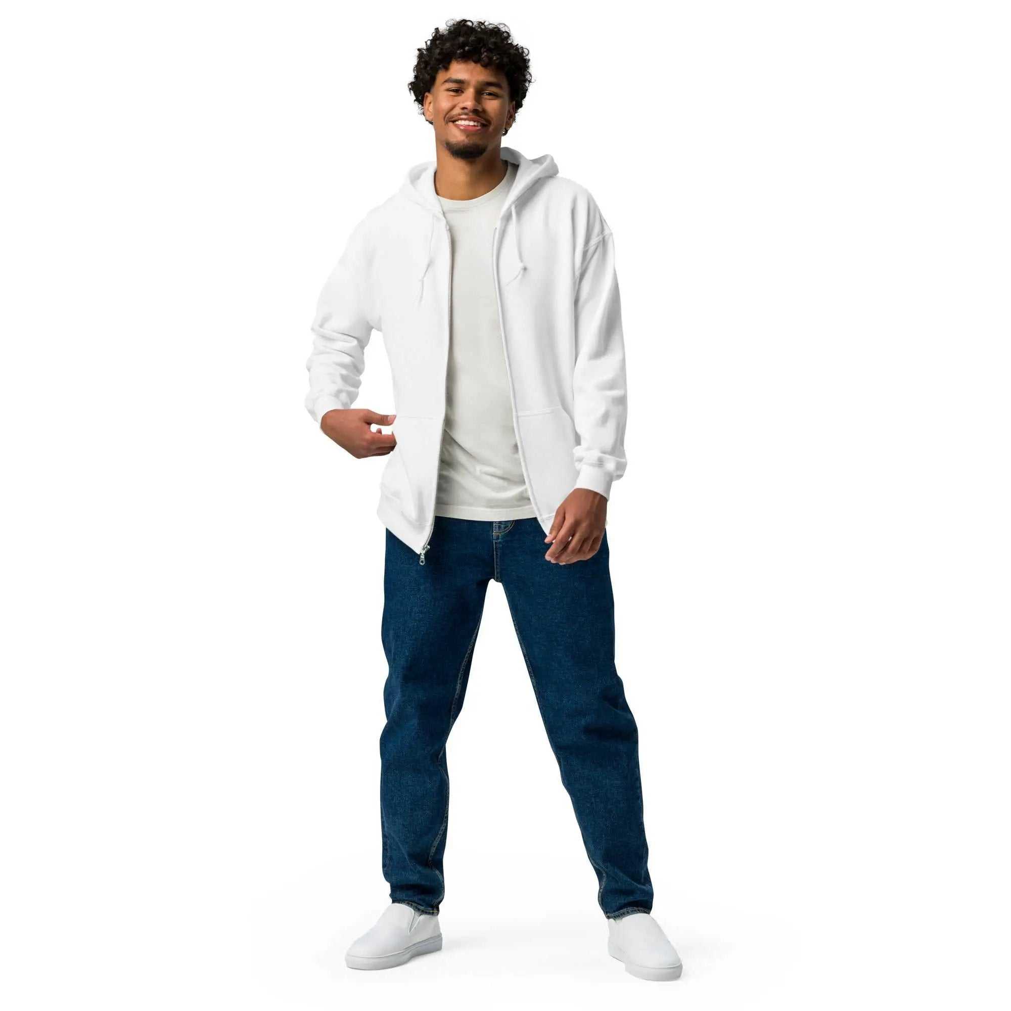 Man wearing a white Unisex Heavy Blend Zip Hoodie over a white t-shirt and blue jeans