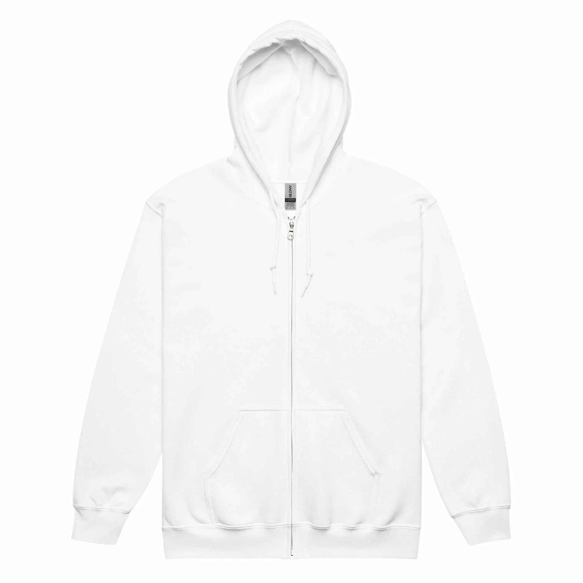 White unisex heavy blend zip hoodie with front pockets and hood