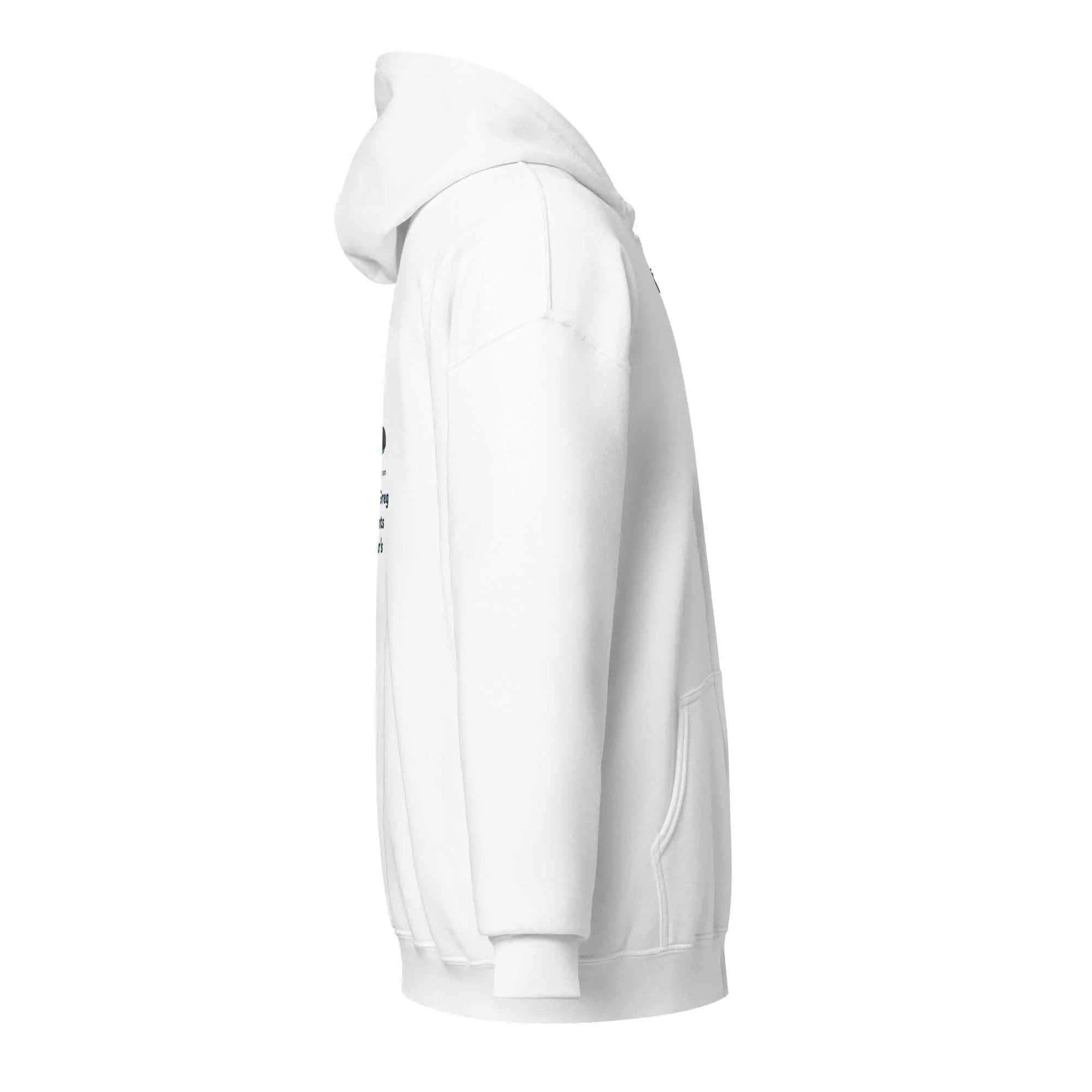 Side view of white Unisex Heavy Blend Zip Hoodie with Alzheimer's awareness text