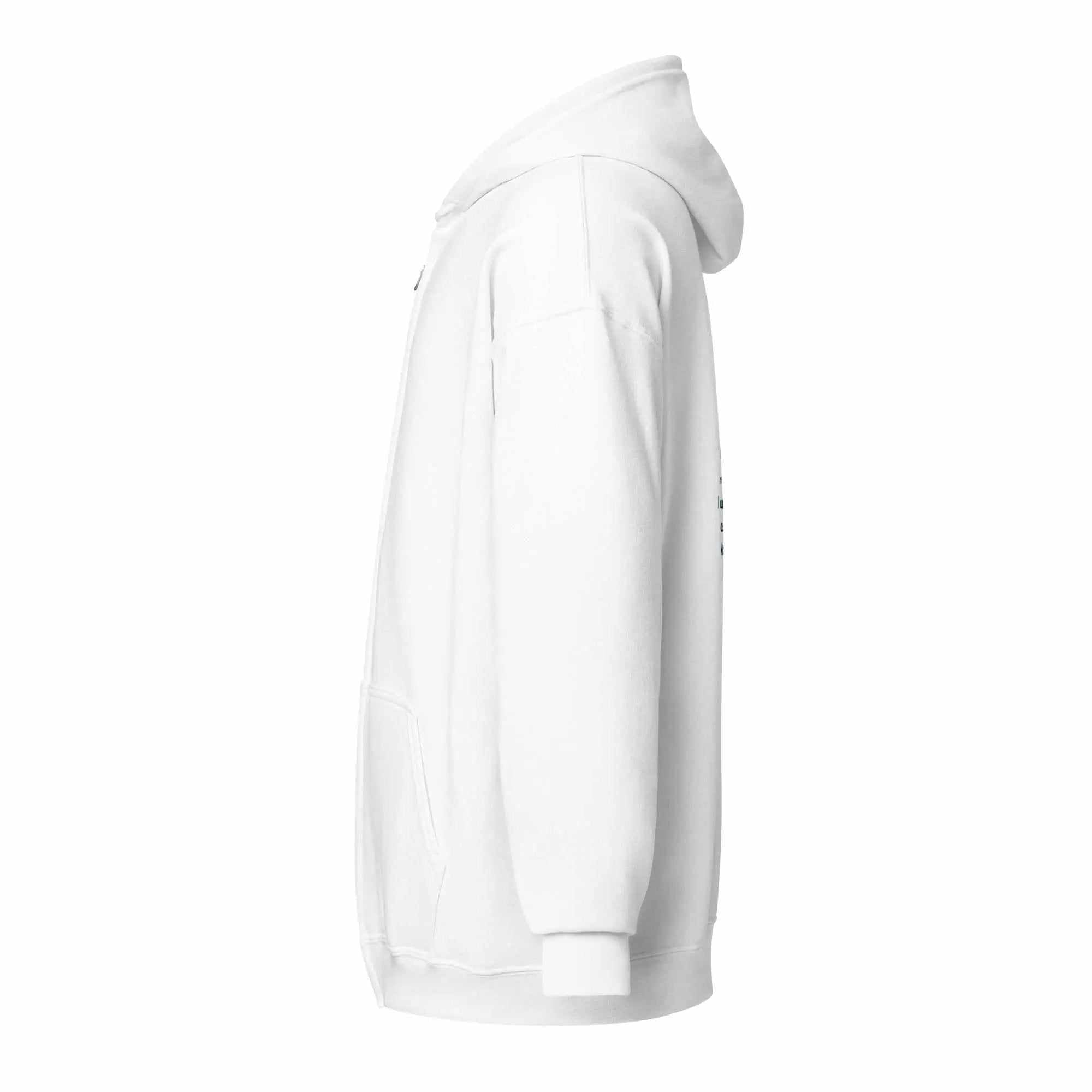 Side profile of a white Unisex Heavy Blend Zip Hoodie for Alzheimer's awareness