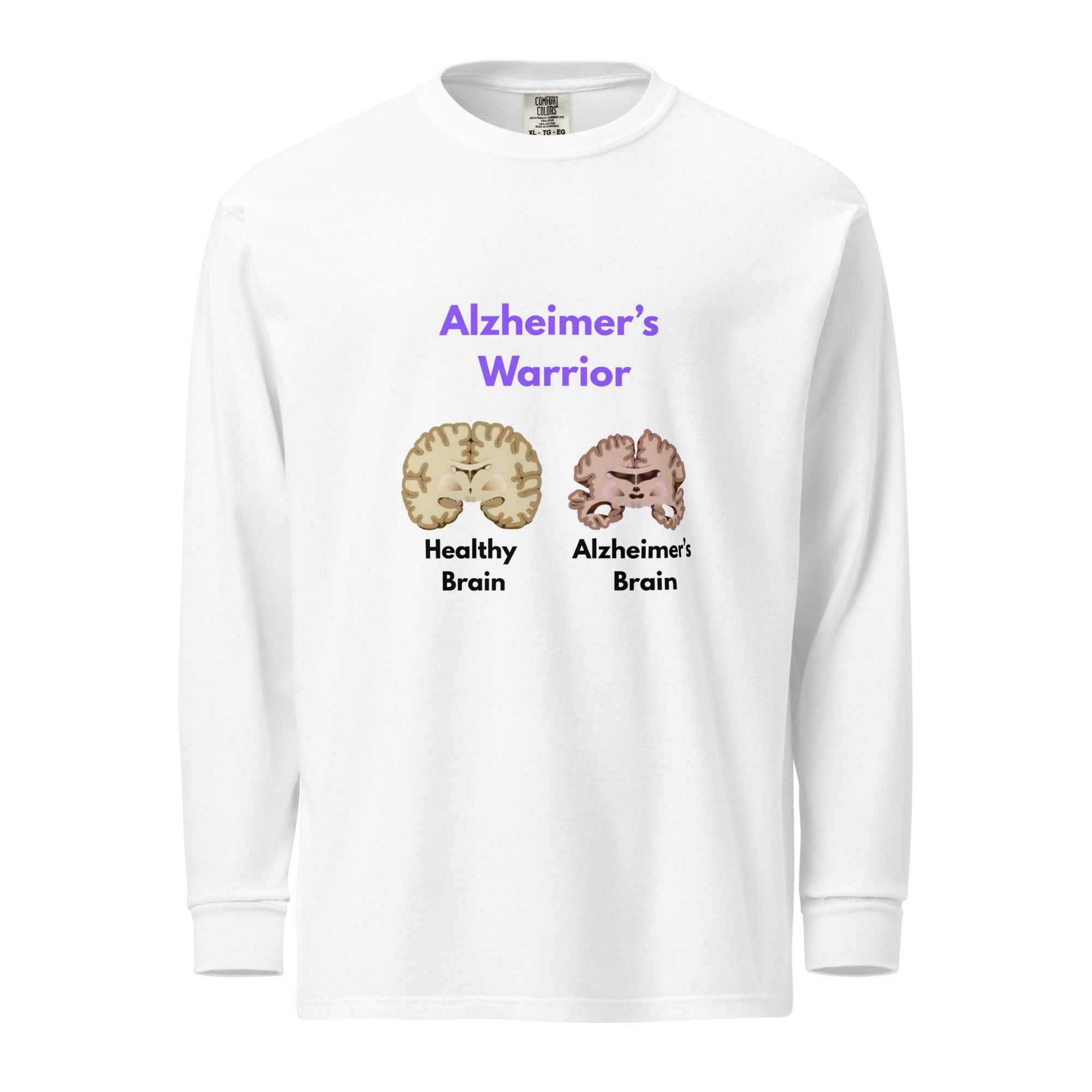 White long-sleeve shirt with Alzheimer's Warrior text and illustrations comparing a healthy and Alzheimer's brain