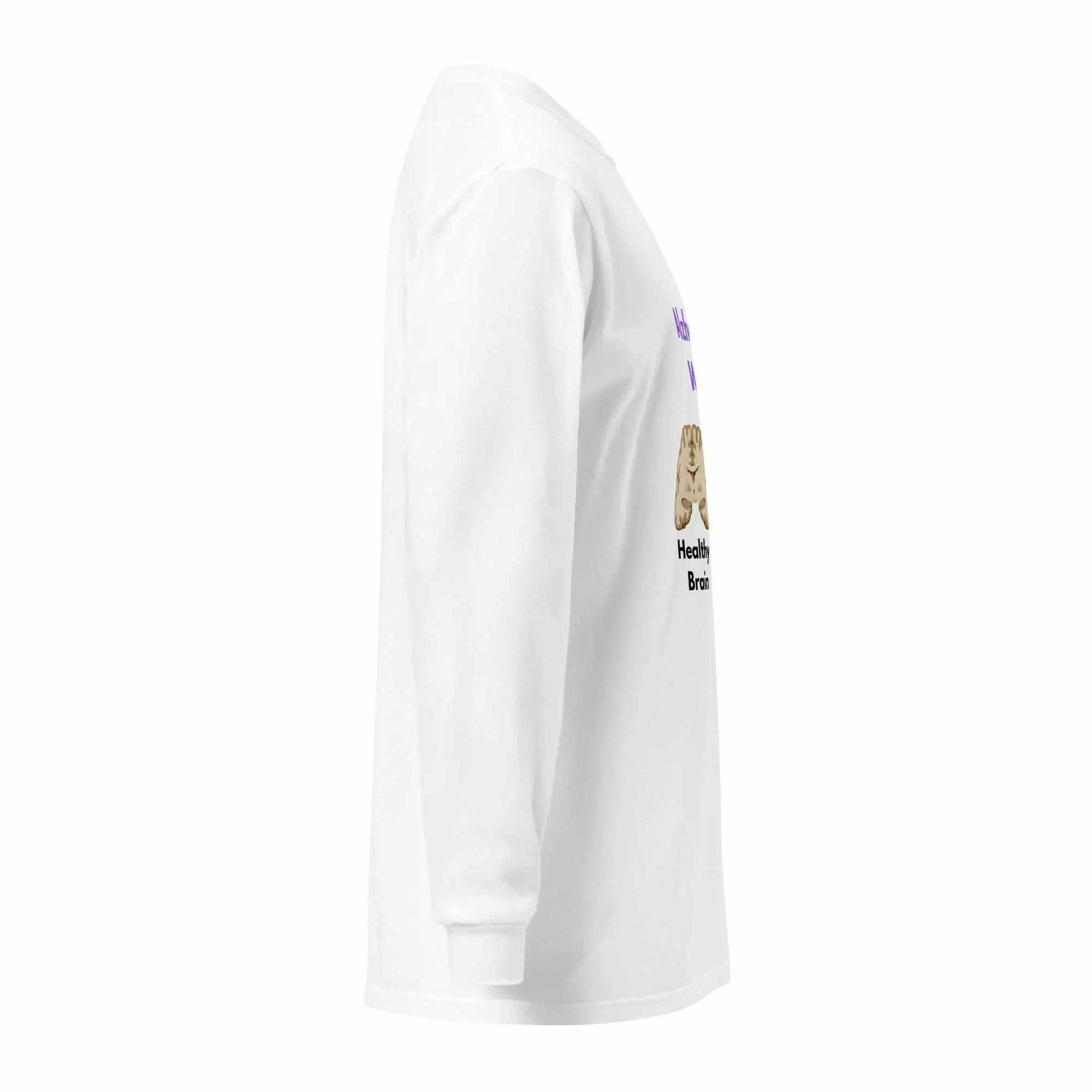 Side view of white Alzheimer's Warrior long-sleeve shirt with brain graphic and text