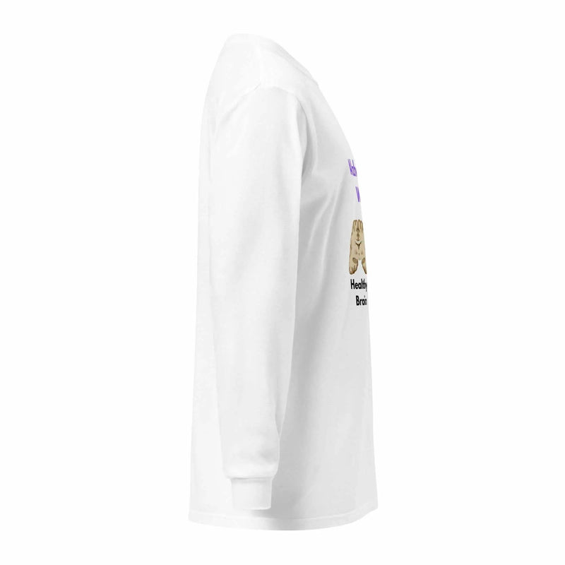 Unisex heavyweight cotton long-sleeve shirt featuring Alzheimer's Warrior design, casual T-shirt in comfortable fabric.