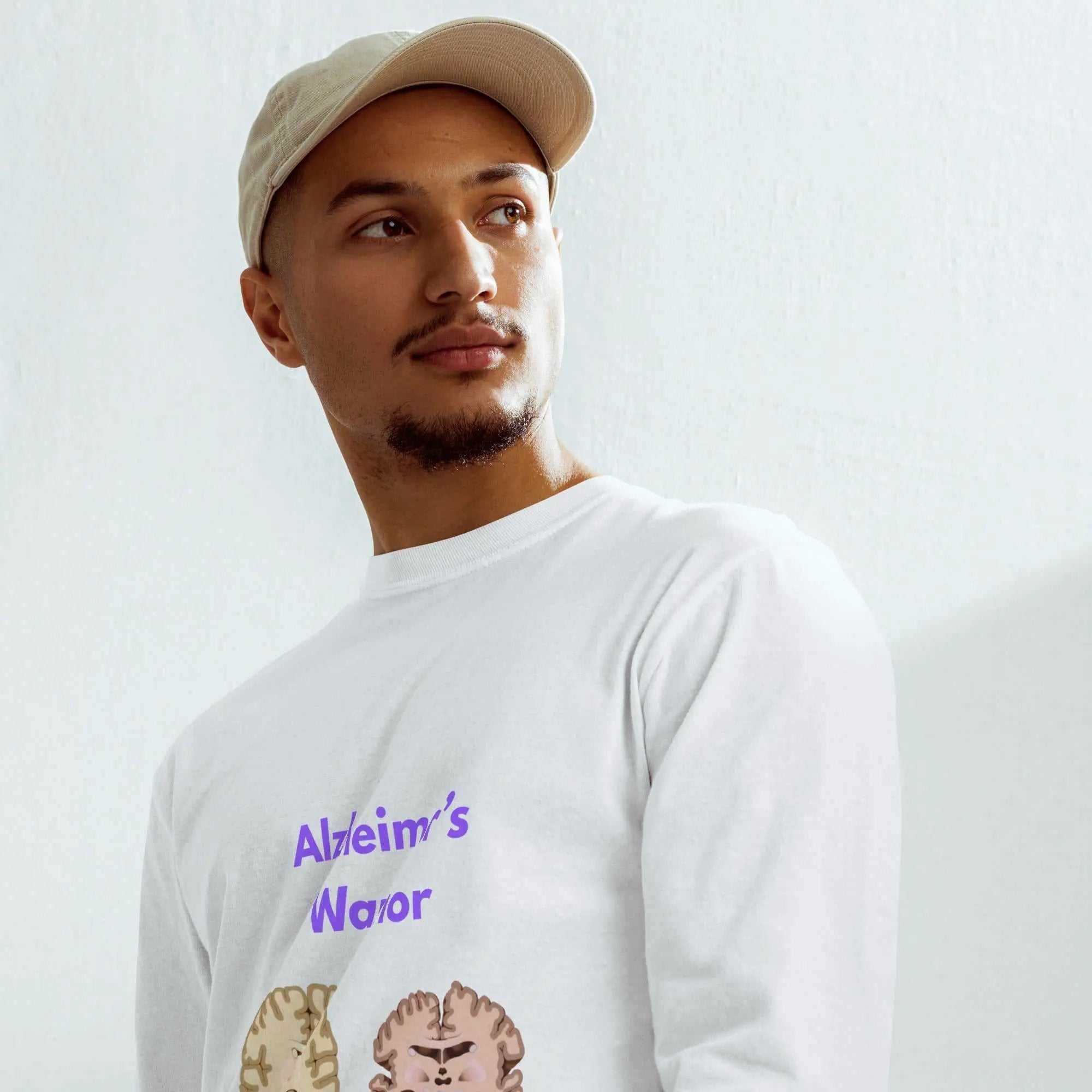 Unisex heavyweight cotton long-sleeve T-shirt with Alzheimer's Warrior design, featuring comfortable fit and bold print.