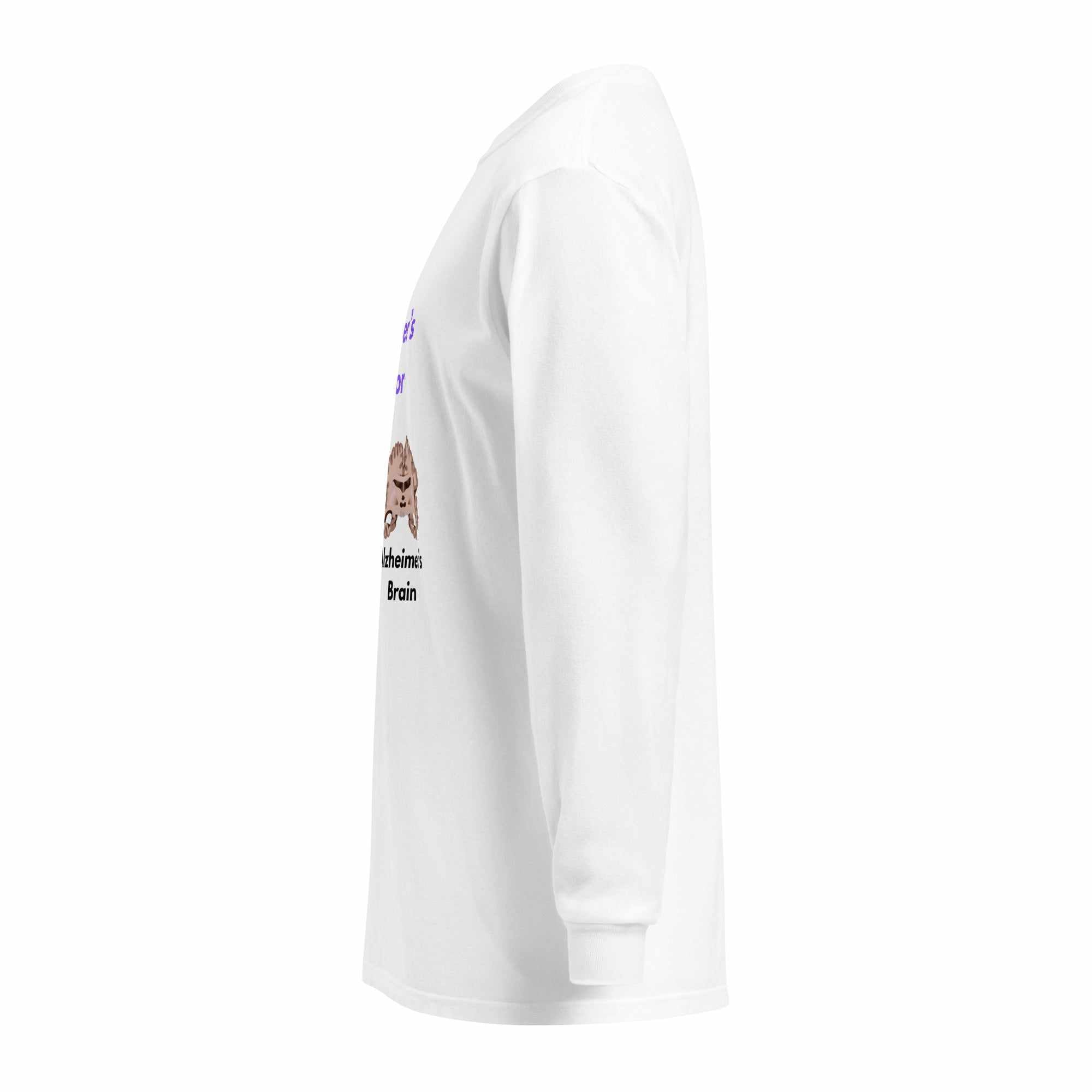 Side view of white long-sleeve shirt with Alzheimer's Warrior graphic and text