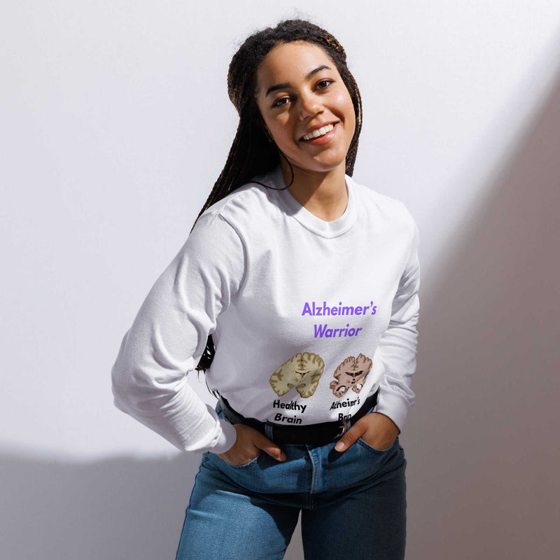 Unisex heavyweight cotton long-sleeve T-shirt with Alzheimer's Warrior logo, featuring a comfortable fit and bold design.