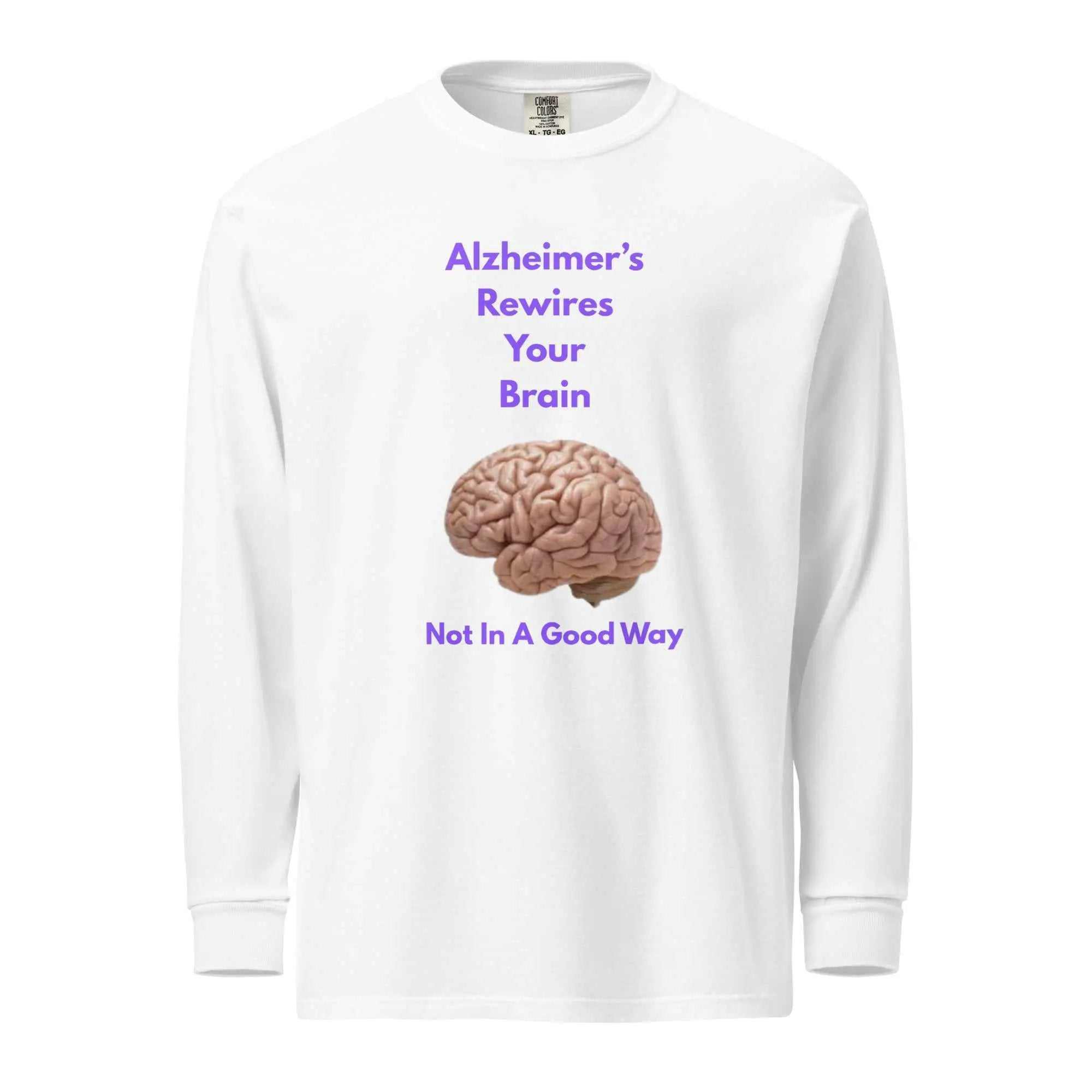 Unisex heavyweight long-sleeve shirt featuring Alzheimer's Rewires Your Brain design, by Greg's AZ Store.