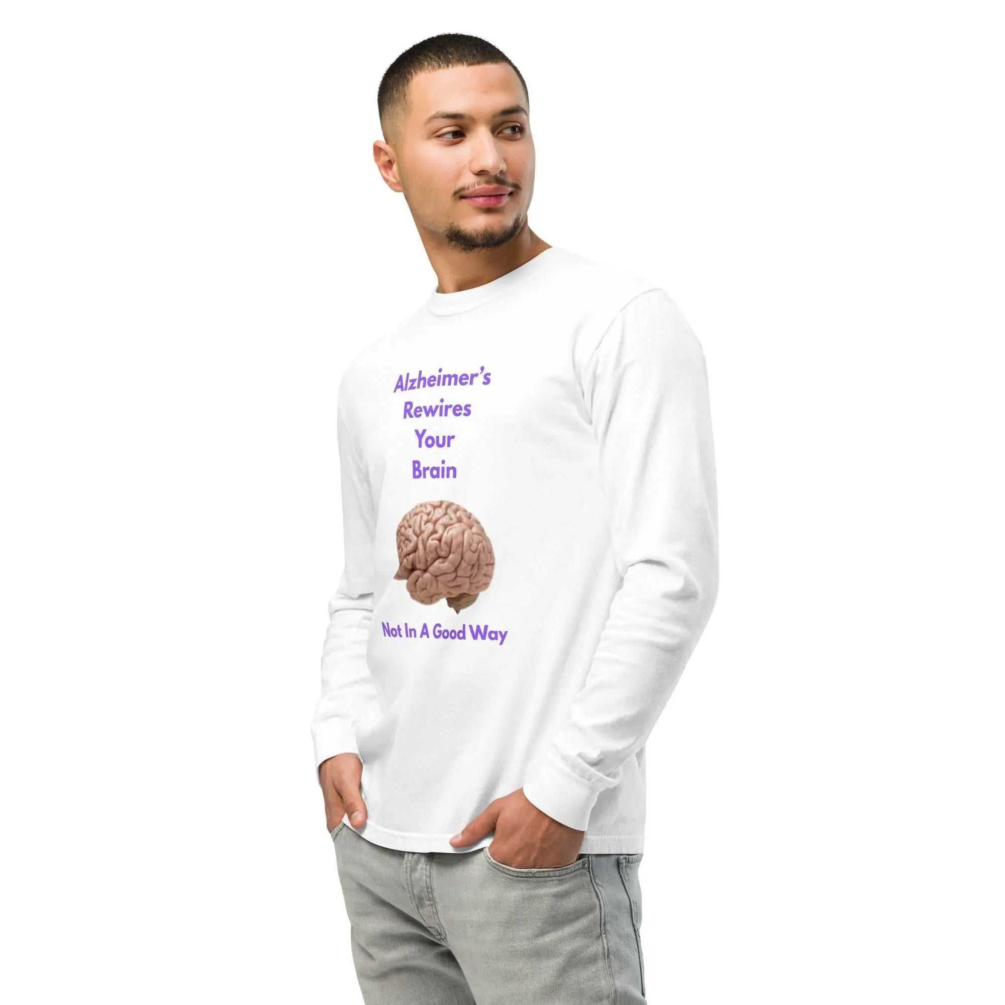 Unisex heavyweight long-sleeve T-shirt with Alzheimer's Rewires Your Brain design, in black with white text, casual style.