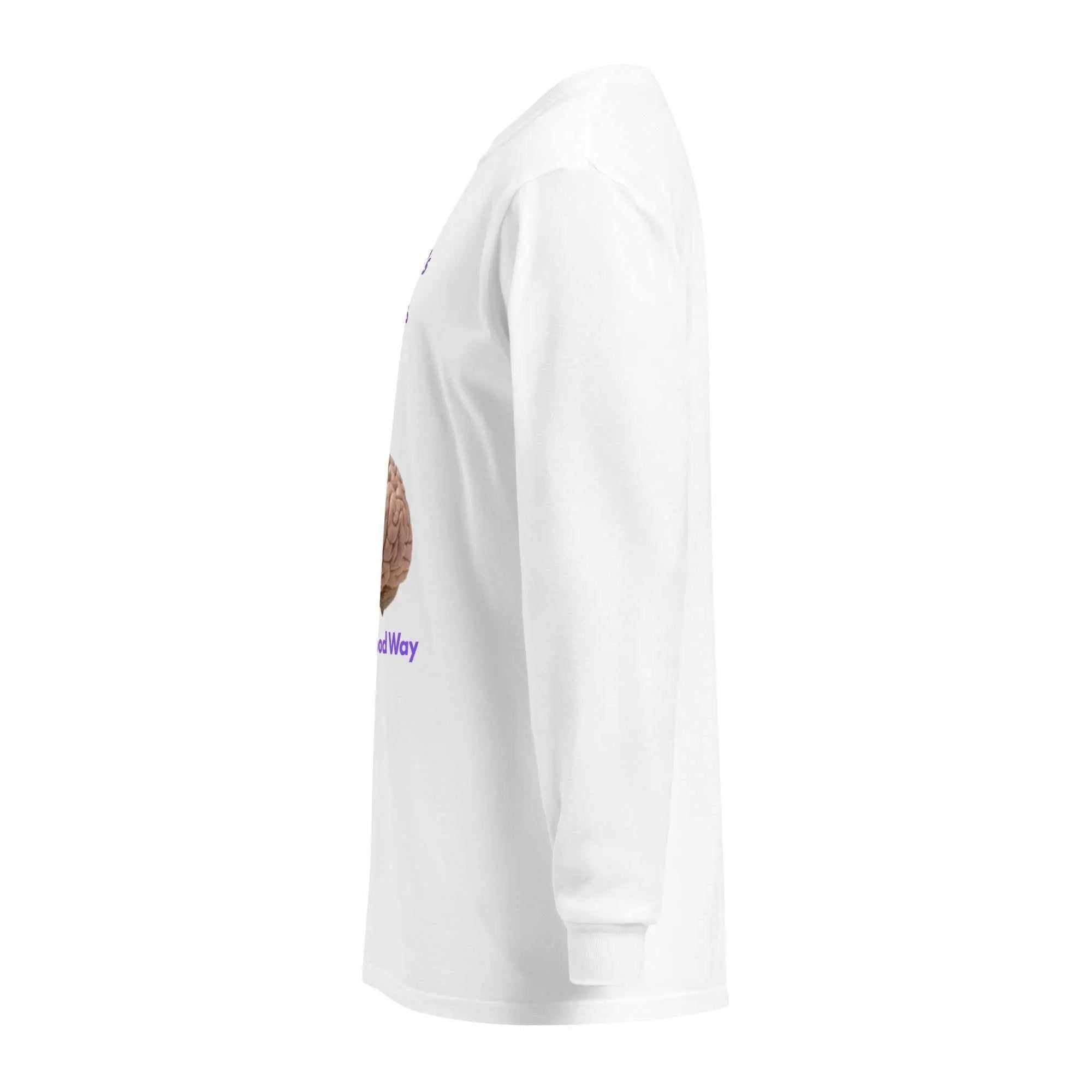 Side view of white long sleeve shirt with Alzheimer's Rewires Your Brain graphic