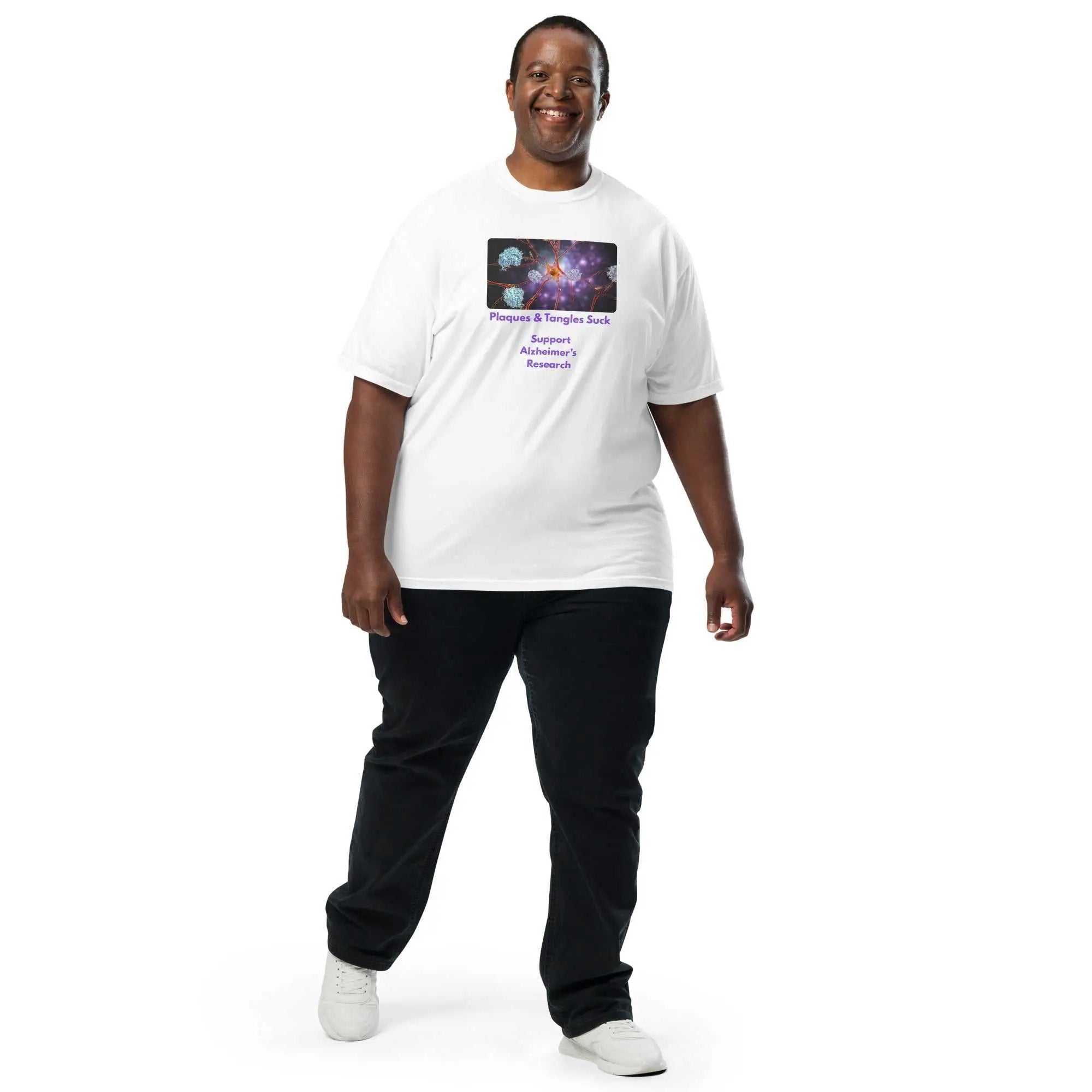 Unisex heavyweight Alzheimer's awareness T-shirt featuring slogans "Plaques & Tangles Suck" in bold black text on white cotton fabric.