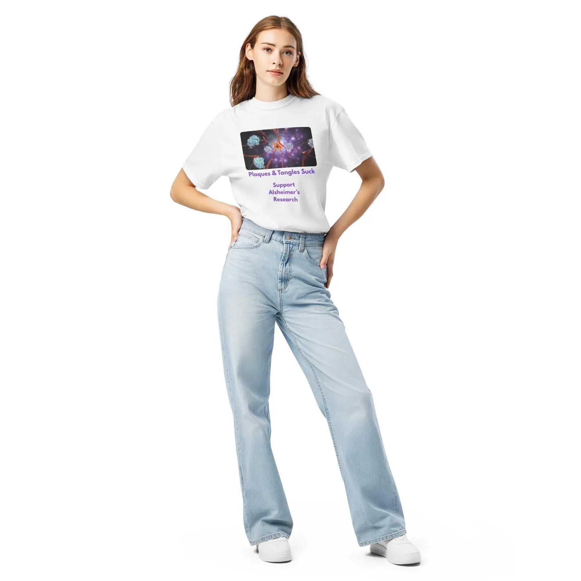 Unisex Heavyweight Alzheimer's Awareness T-Shirt featuring a scientific graphic of brain plaques and tangles