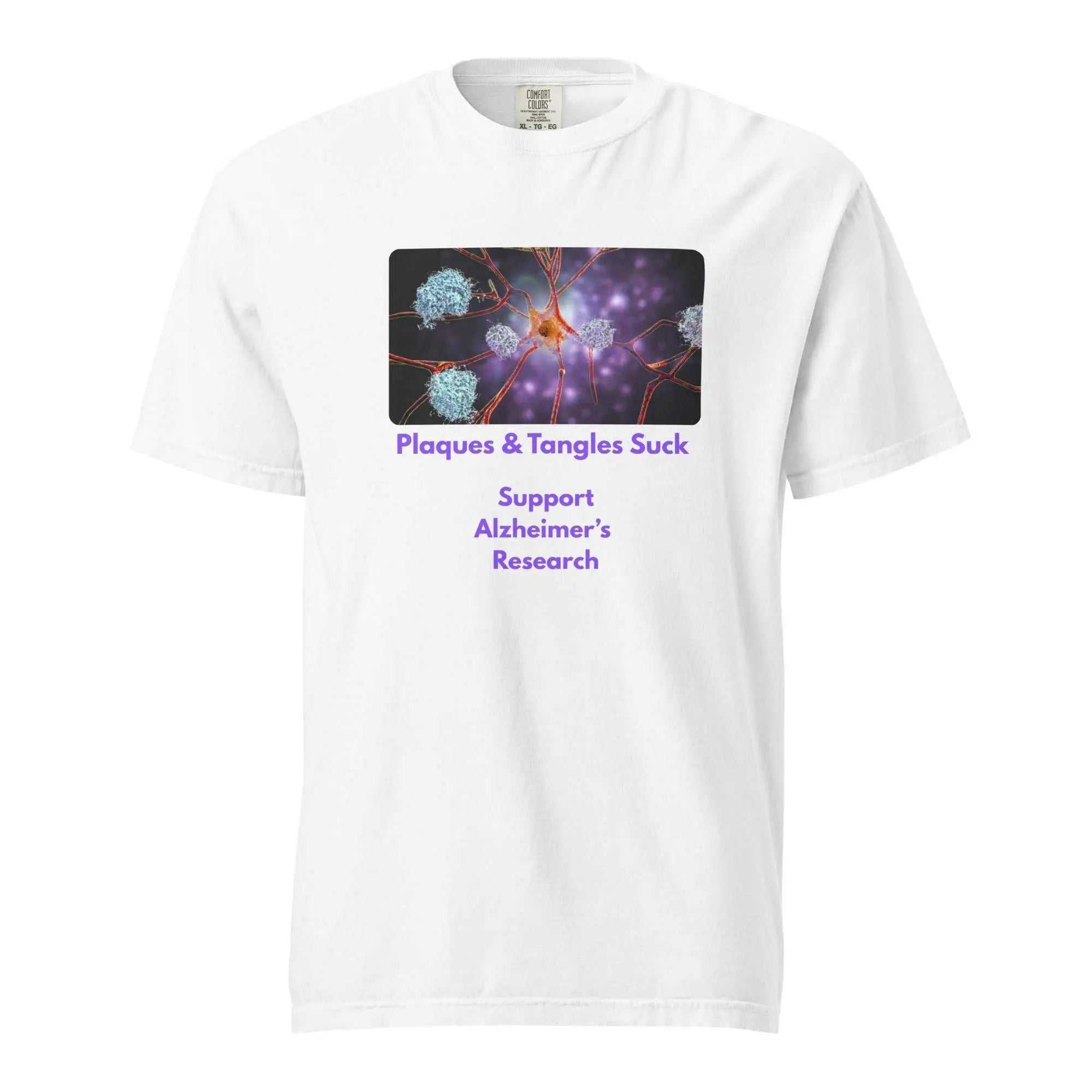 White unisex t-shirt with Alzheimer's awareness graphic showing neural plaques and text Plaques and Tangles Suck