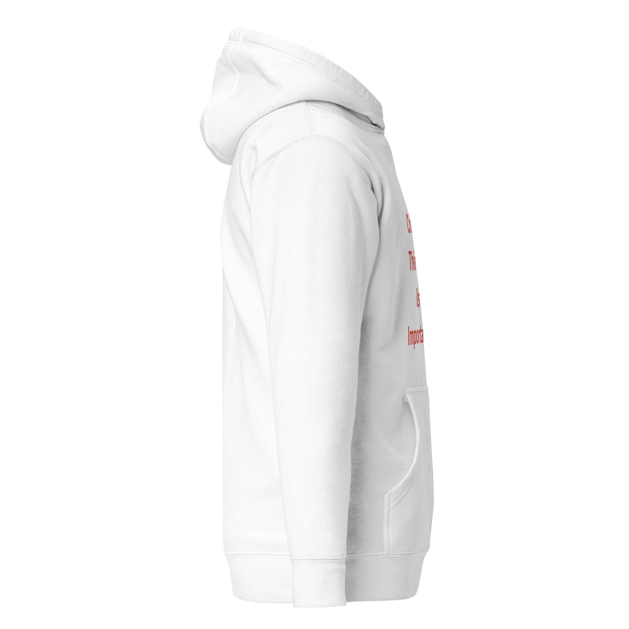 Unisex hoodie white with red Critical Thinking Is Important slogan, front pouch pocket and hood