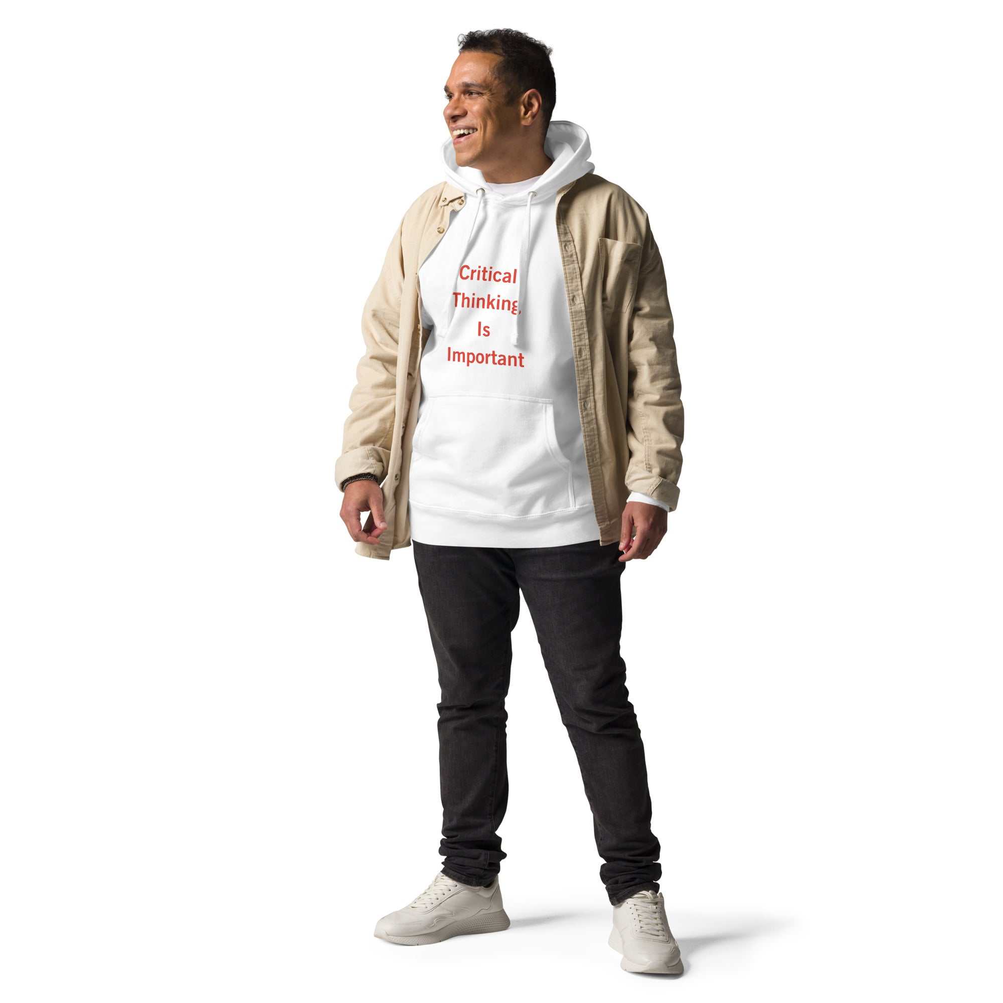 Unisex white hoodie with red "Critical Thinking Is Important" print and front pouch pocket
