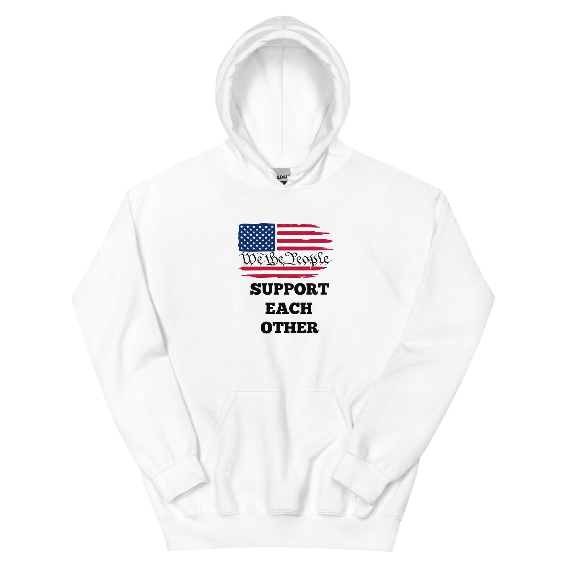 Unisex hoodie front view with We The People Support Each Other design, soft cotton-polyester blend, double-lined hood, and front pouch pocket
