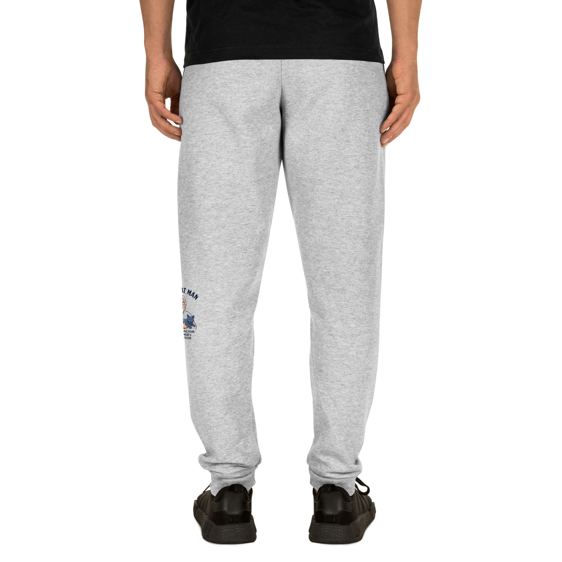 Grey unisex joggers for Alzheimer's prevention with Cat Man signature logo on the leg