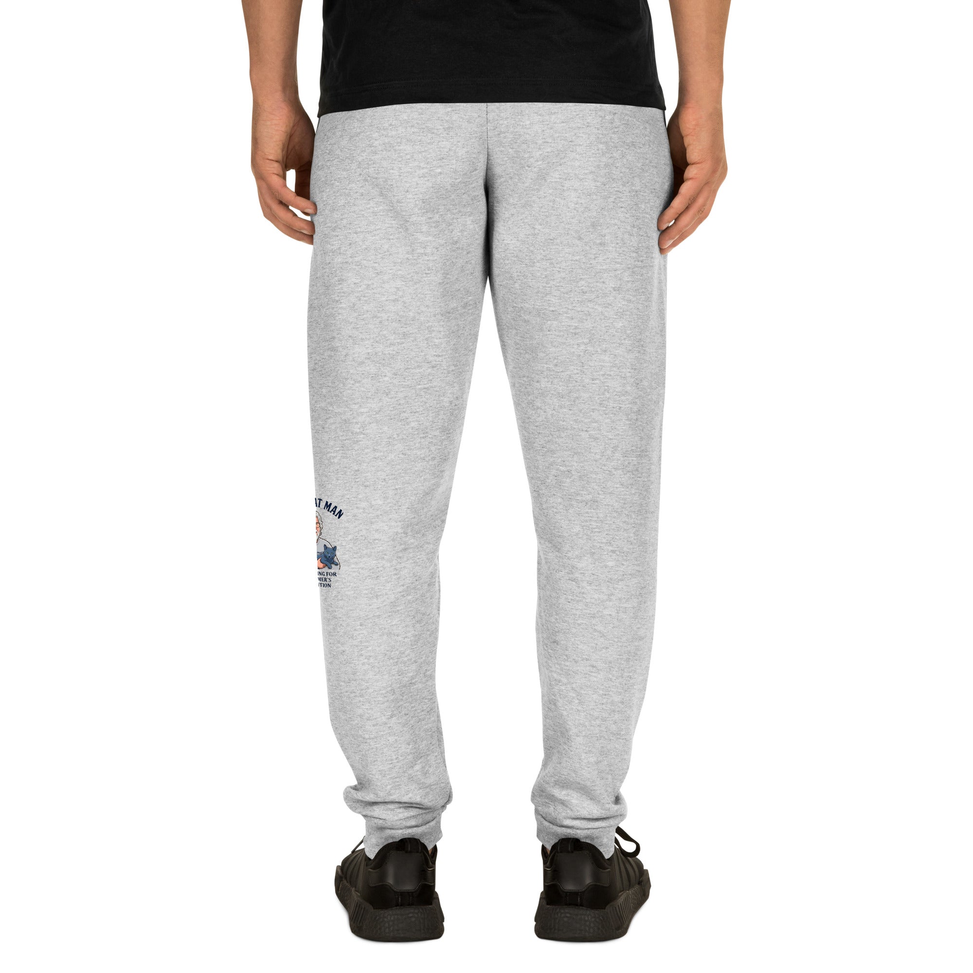 Grey unisex joggers for Alzheimer's prevention with Cat Man signature logo on the leg