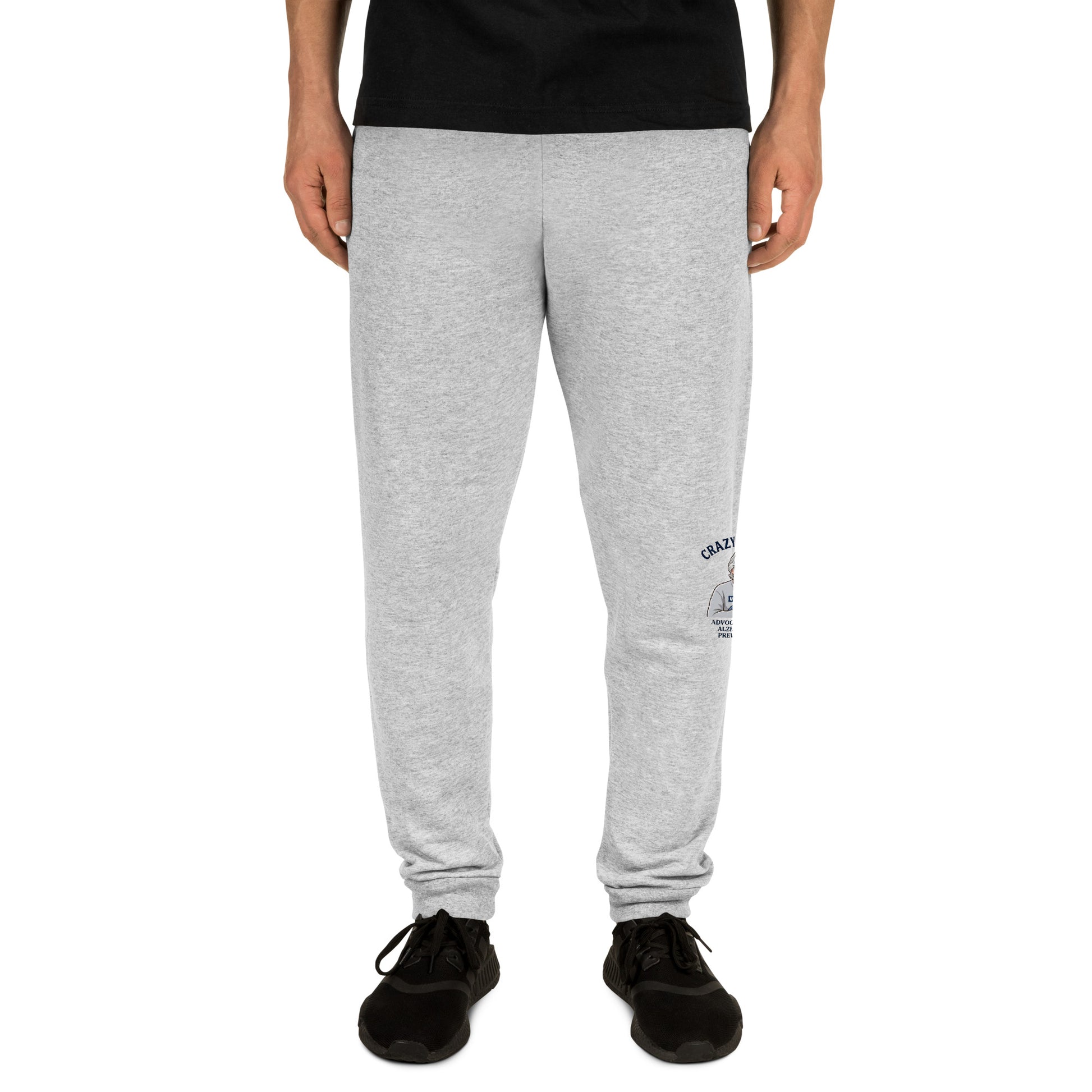 Grey unisex joggers for Alzheimers prevention with Cat Man signature logo on the leg
