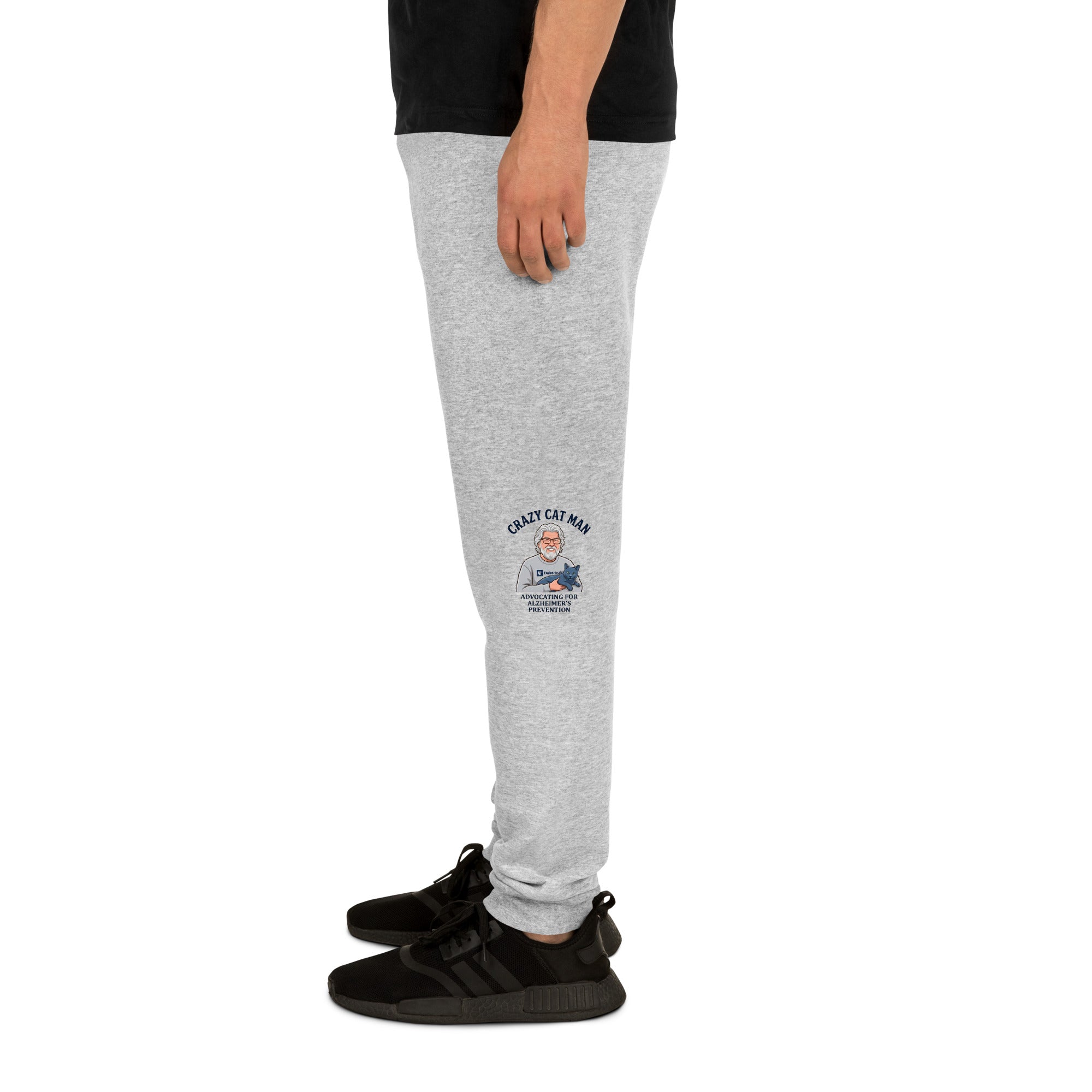 Grey unisex joggers for Alzheimers prevention with Cat Man signature logo on the leg