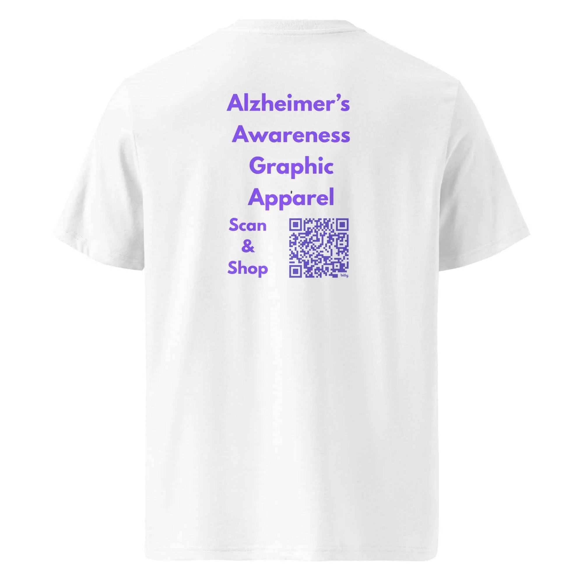 White unisex organic cotton T-shirt featuring a design related to Alzheimer's awareness, from Greg's AZ Store.