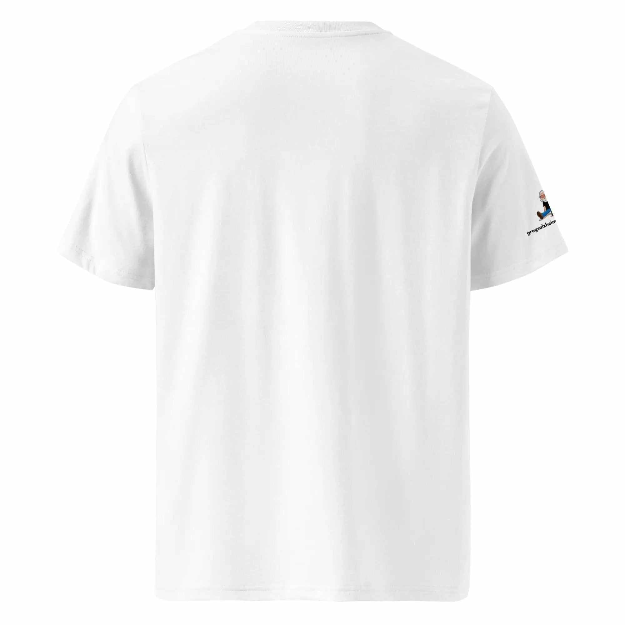 Back view of white END ALZ unisex organic cotton t-shirt with small logo on sleeve