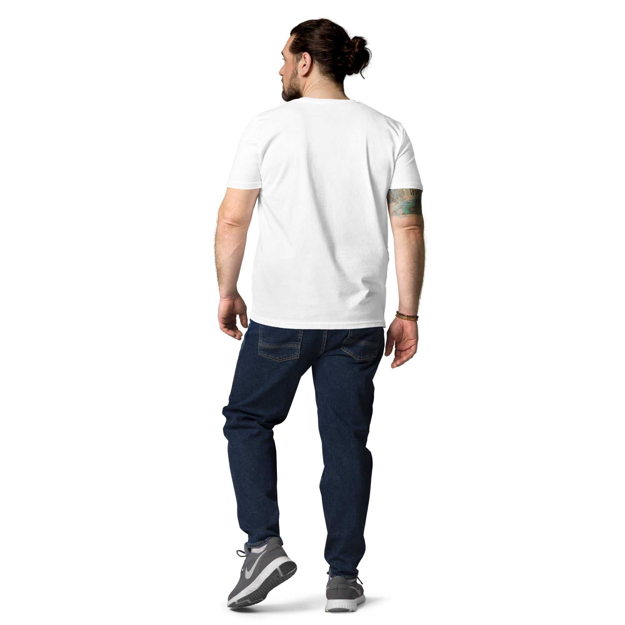 Back view of a man wearing a plain white Alzheimers Sucks Unisex Organic Cotton T-Shirt and dark blue jeans