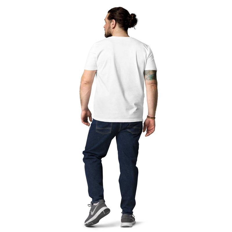 Unisex white organic cotton T-shirt with "Alzheimer's Sucks" print on the front, displayed on a flat surface.