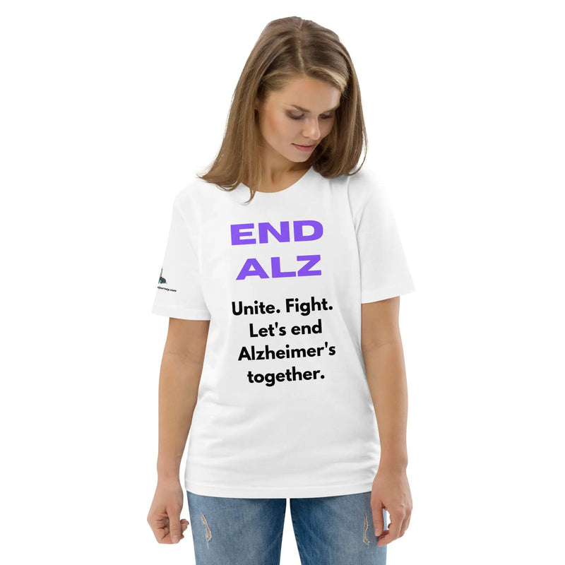Unisex white END ALZ Alzheimer's awareness T-shirt made of organic cotton, featuring a front graphic design.