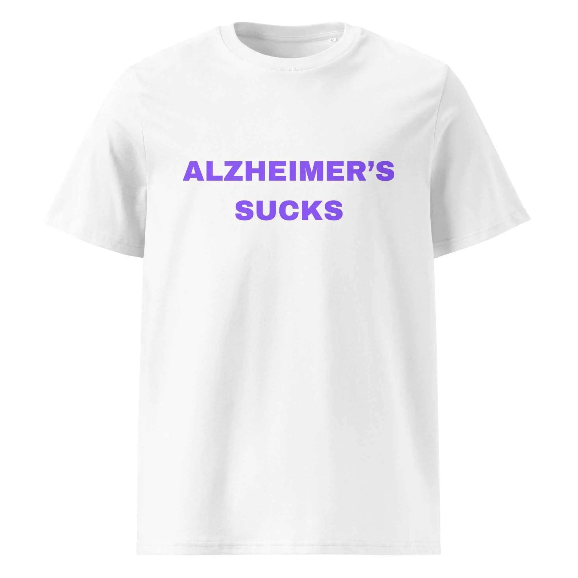 White unisex organic cotton T-shirt with "Alzheimer's Sucks" text, featuring a casual fit and comfortable fabric.