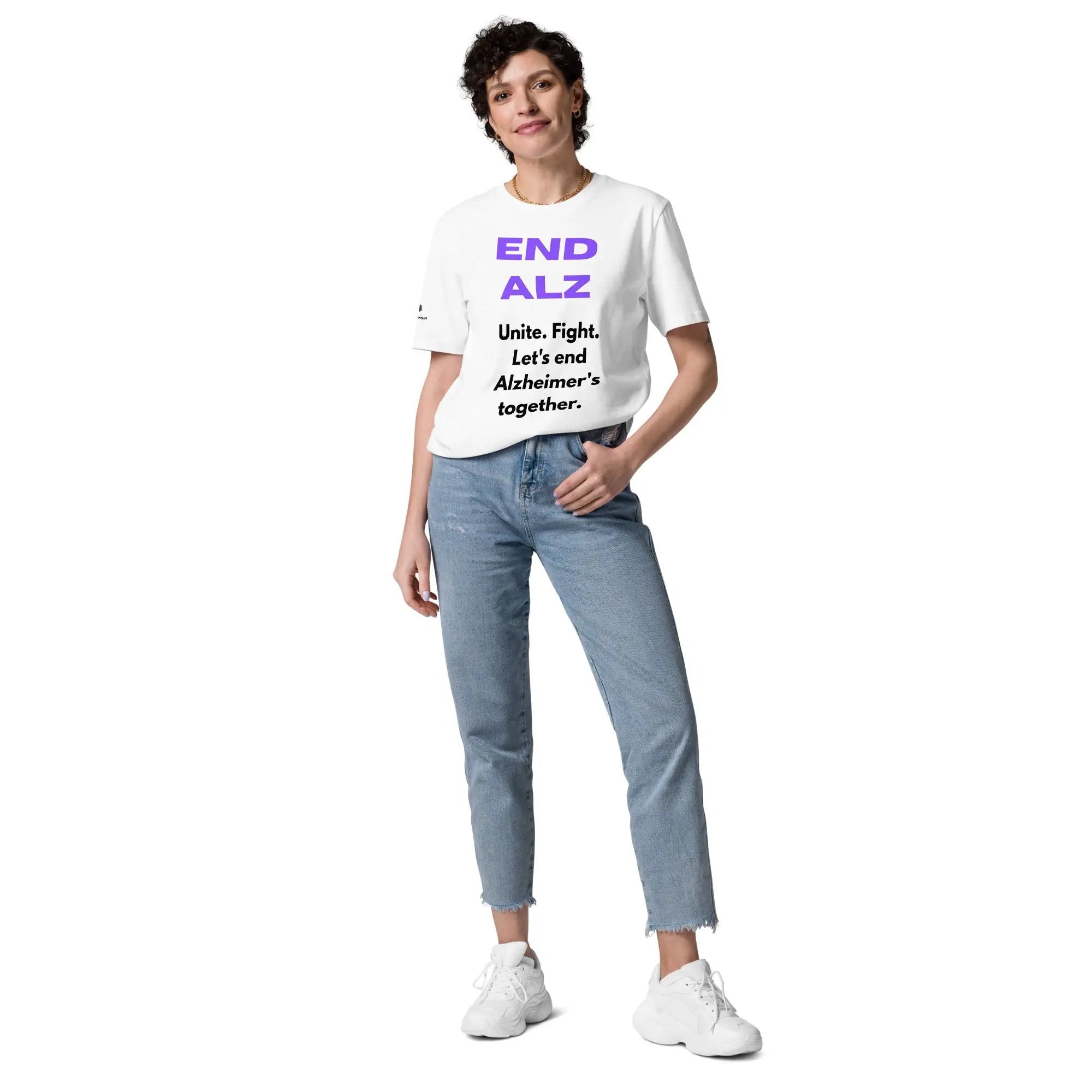 Unisex white END ALZ T-Shirt by Greg's AZ Store featuring Alzheimer's awareness message, made from 100% organic cotton.