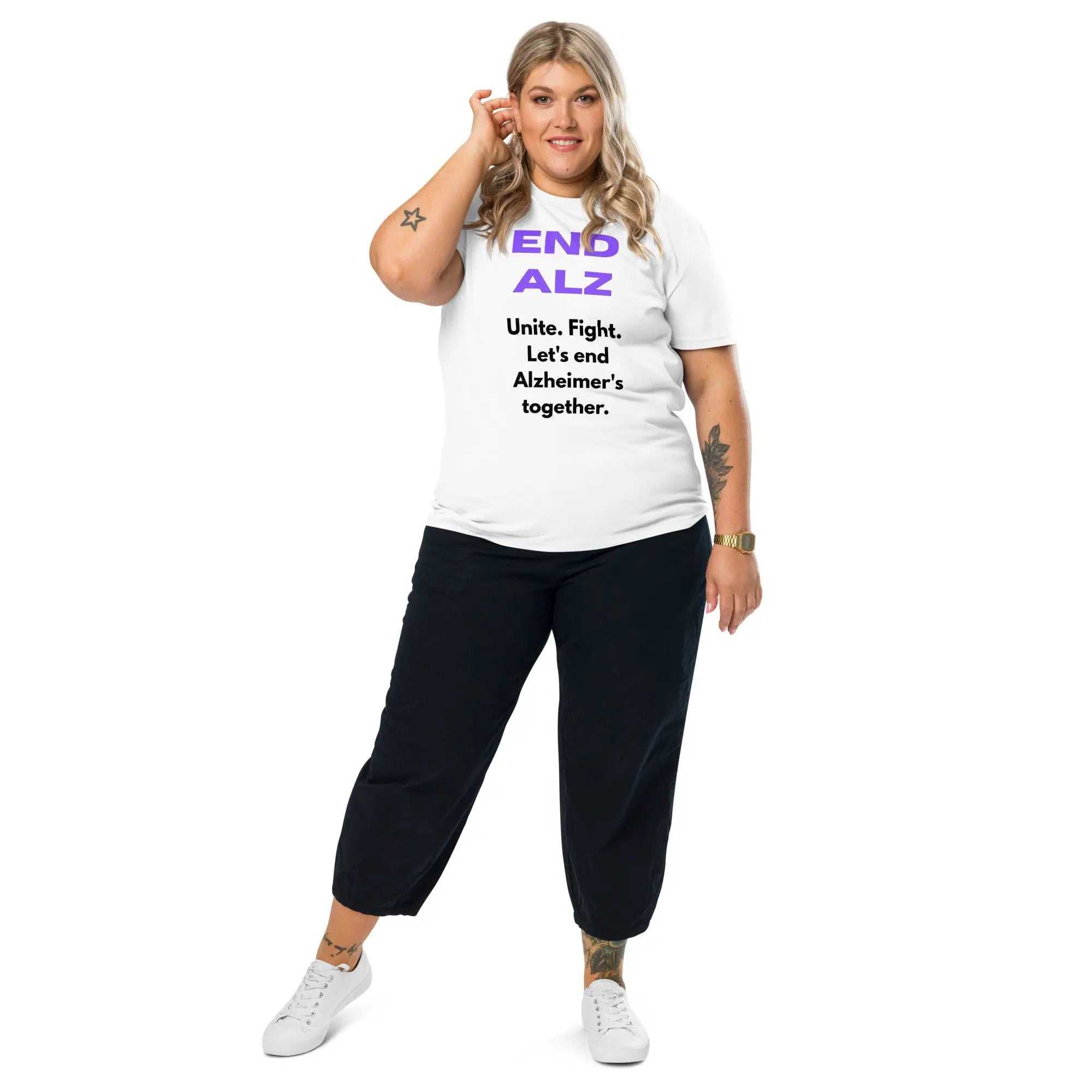 Unisex white organic cotton T-shirt with Alzheimer's awareness design, featuring the End Alzheimer's message and superior Stanley/Stella quality.