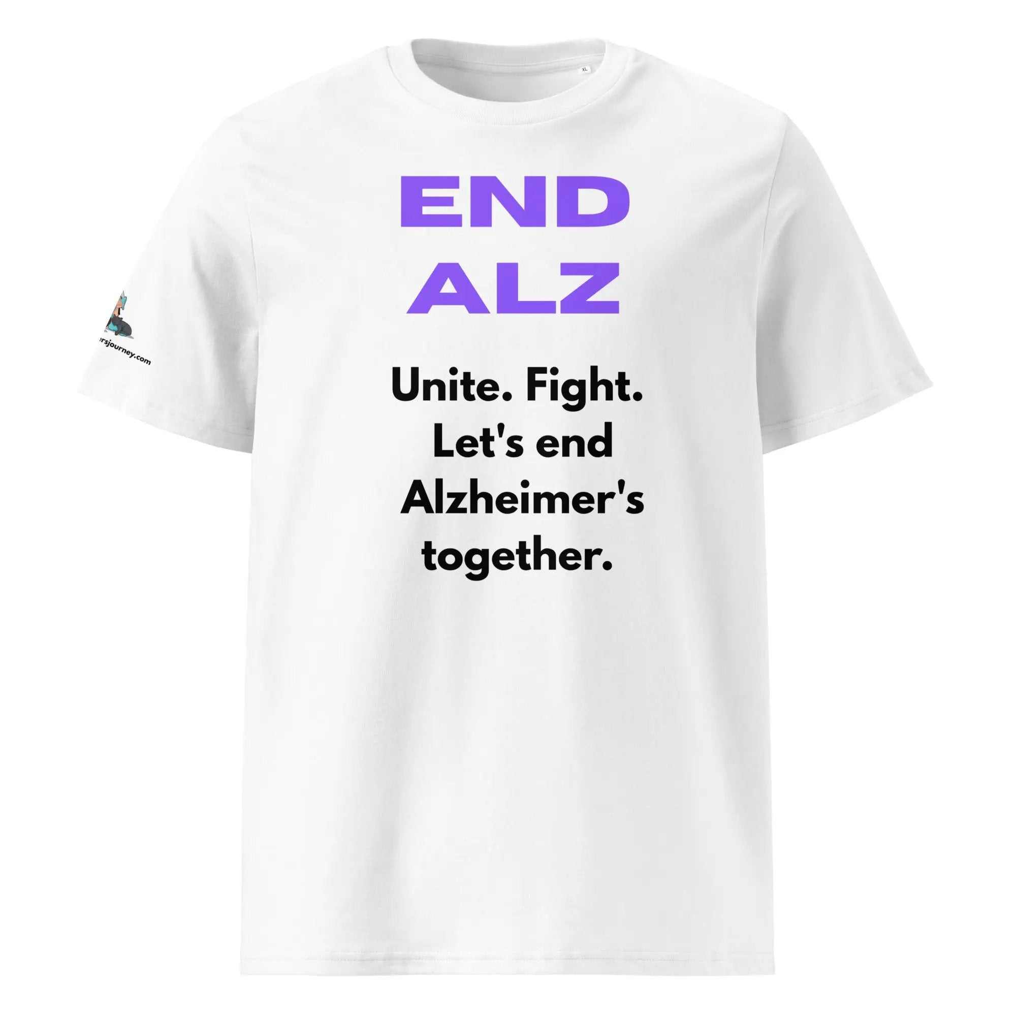 White unisex END ALZ t-shirt with purple and black text reading Unite Fight Let's end Alzheimer's together