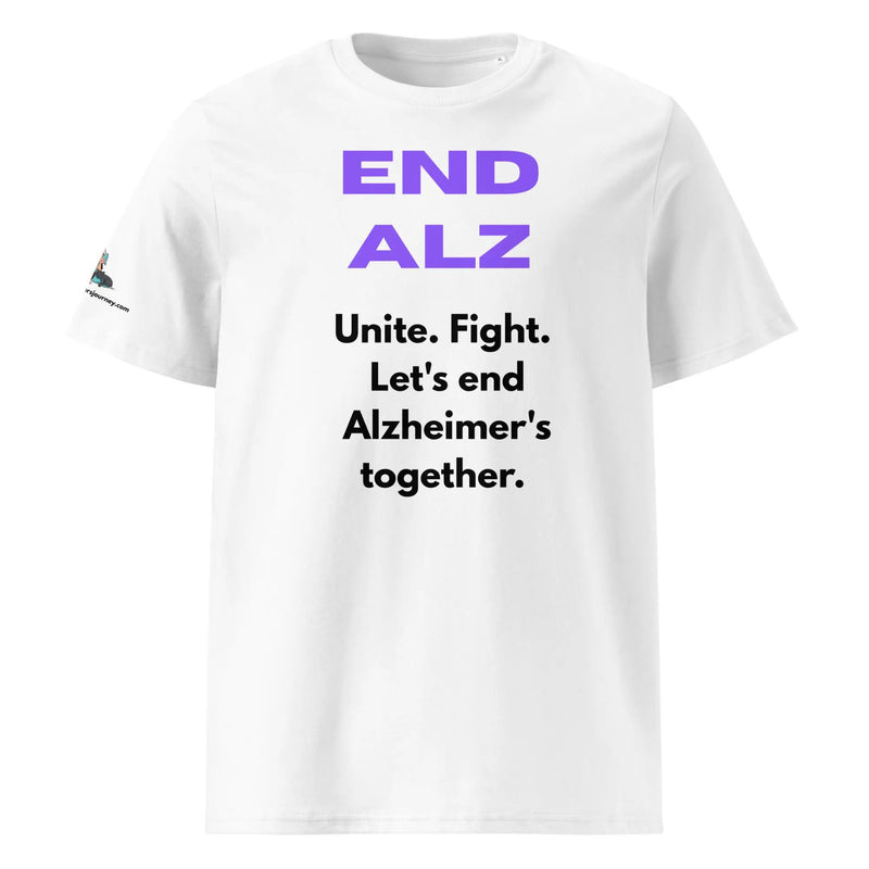 Unisex white T-shirt by Greg's AZ Store featuring Alzheimer's awareness design on 100% organic cotton fabric.