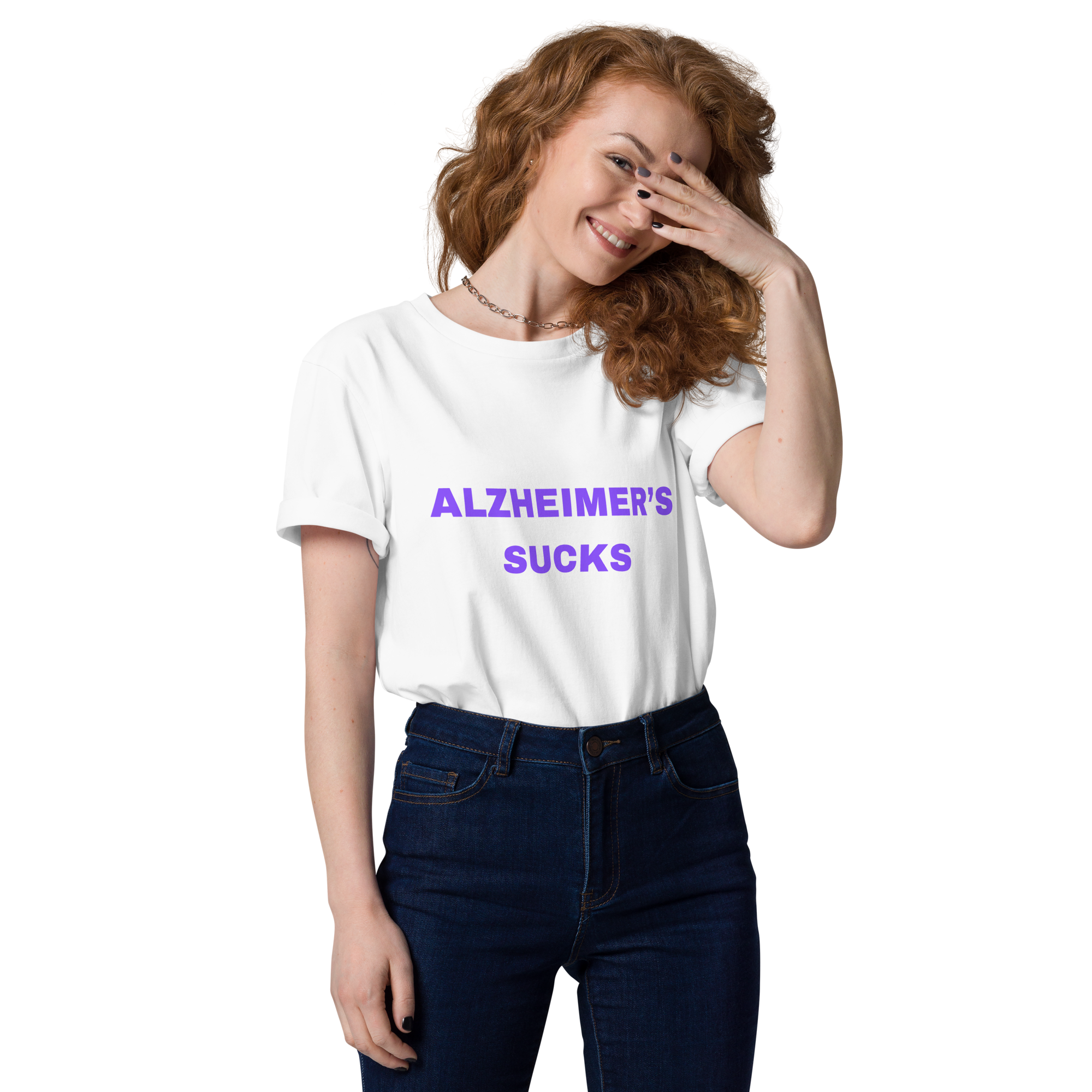Woman wearing a white t-shirt with the text Alzheimers Sucks in purple letters