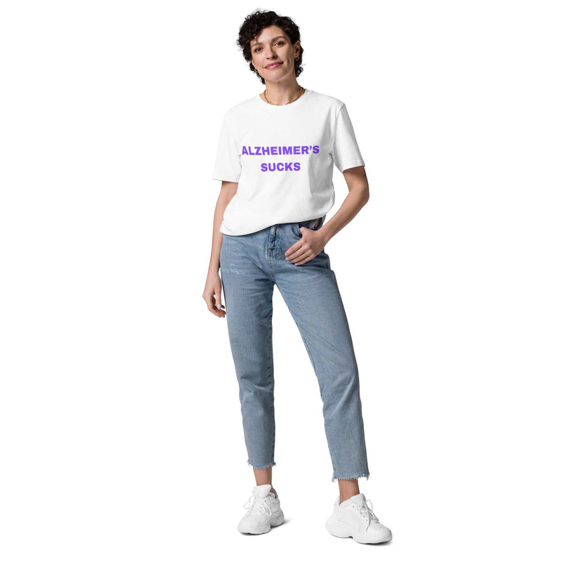 White unisex organic cotton T-shirt with "Alzheimer's Sucks" graphic, front view, casual style, by Greg's AZ Store.