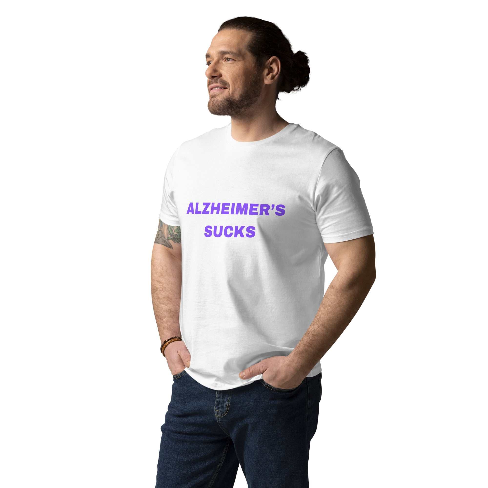 Man wearing a white Alzheimer's Sucks unisex organic cotton t-shirt with purple text