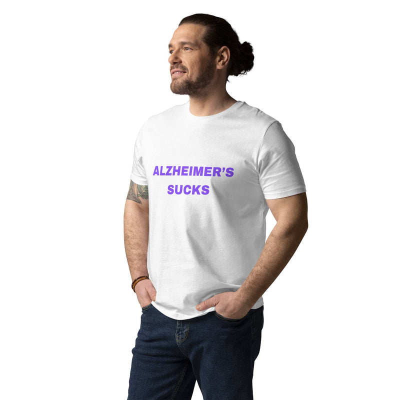 Unisex white organic cotton Alzheimer's Sucks T-shirt with front graphic, casual style, from Greg's AZ Store.