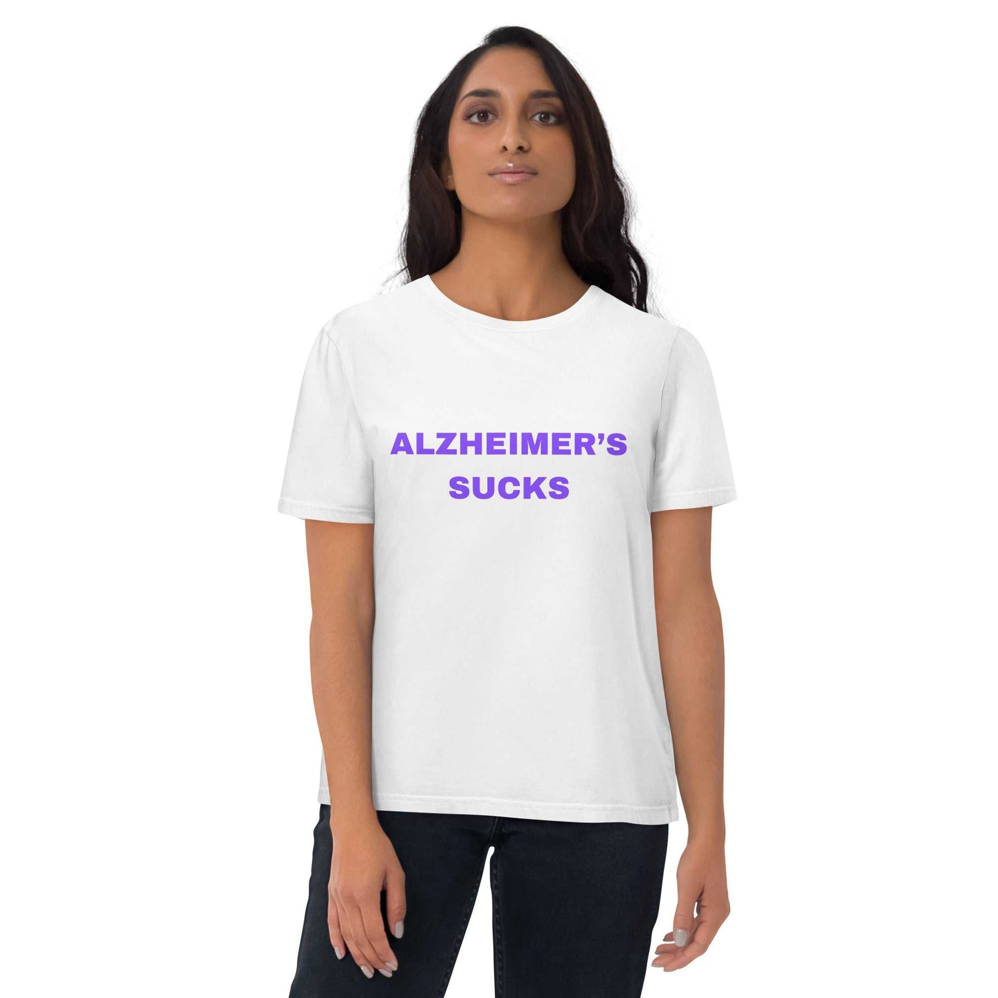 White unisex organic cotton Alzheimer’s Sucks T-shirt with front graphic design, casual style, by Greg’s AZ Store.